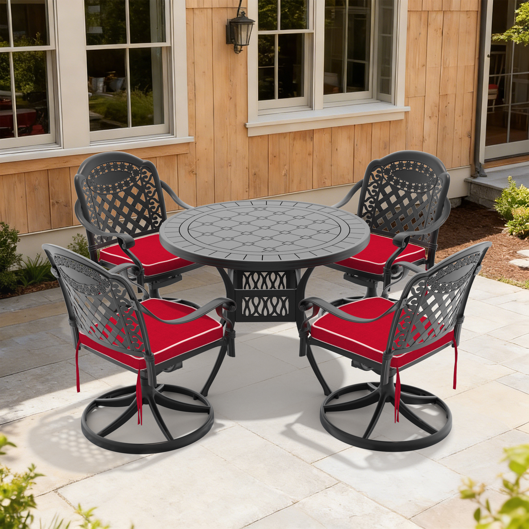 5-Piece All-Weather Cast Aluminum Dining Set, Include 4 Swivel Chairs and 39.37″ Round Table With Black Frame