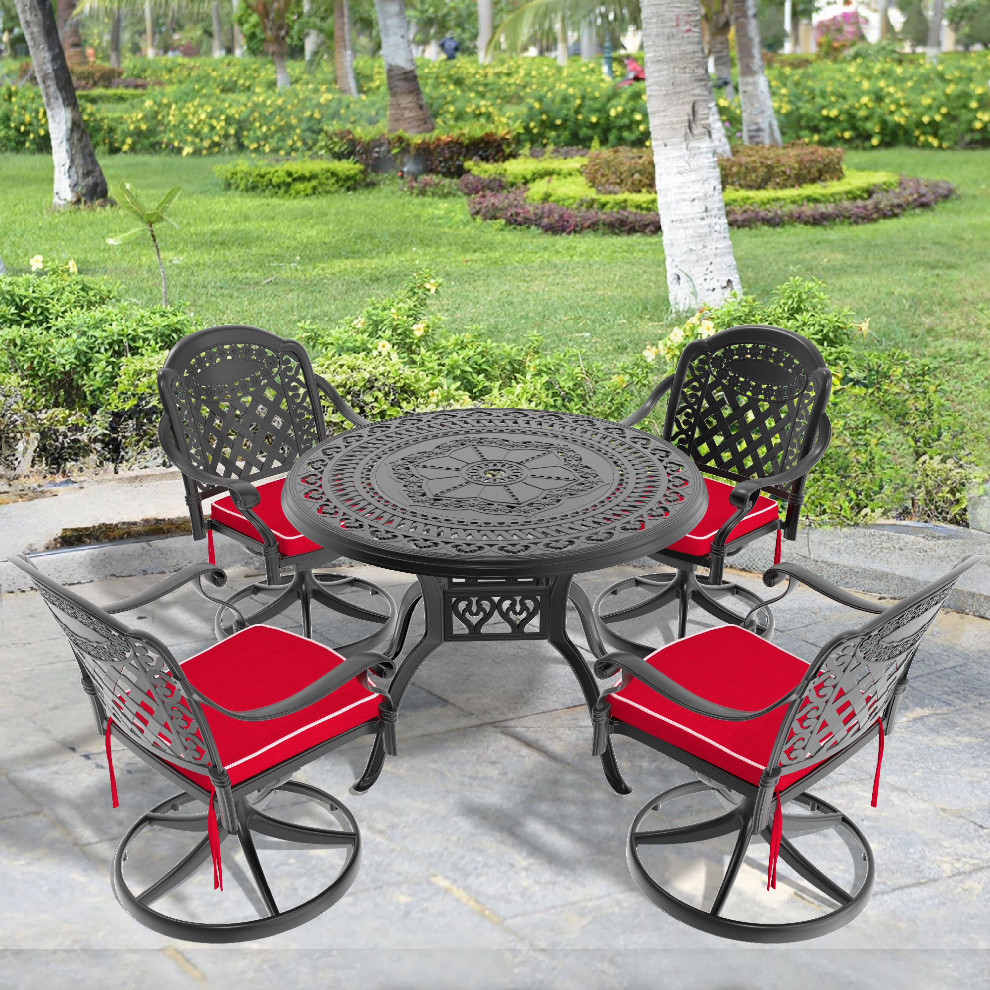 5-Piece All-Weather Cast Aluminum Dining Set, Include 4 Swivel Chairs and 39.37″ Round Table With Black Frame (same sku: W1710S00306 )