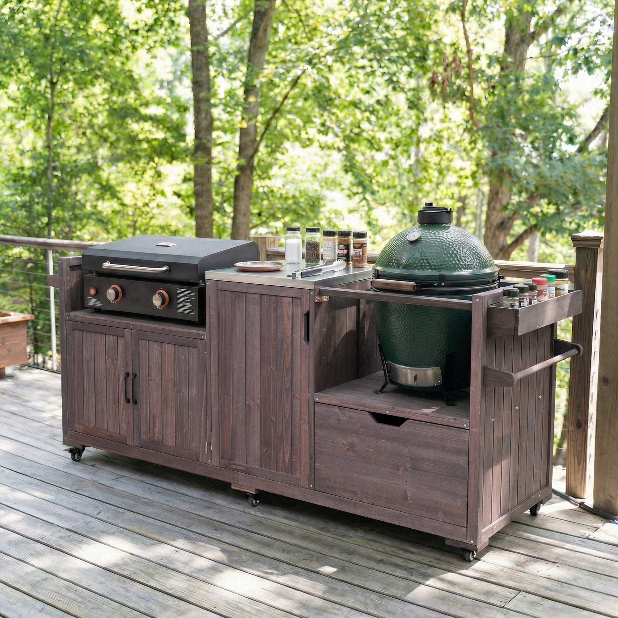 K&K 80.5″ Outdoor Kitchen Island for Big Green Egg& Blackstone Griddle, Solid Wood Grill Cart Table with Stainless Steel Top, Drawer for Large Big Green Egg and 21″/28″ Blackstone Griddle, Dark Brown