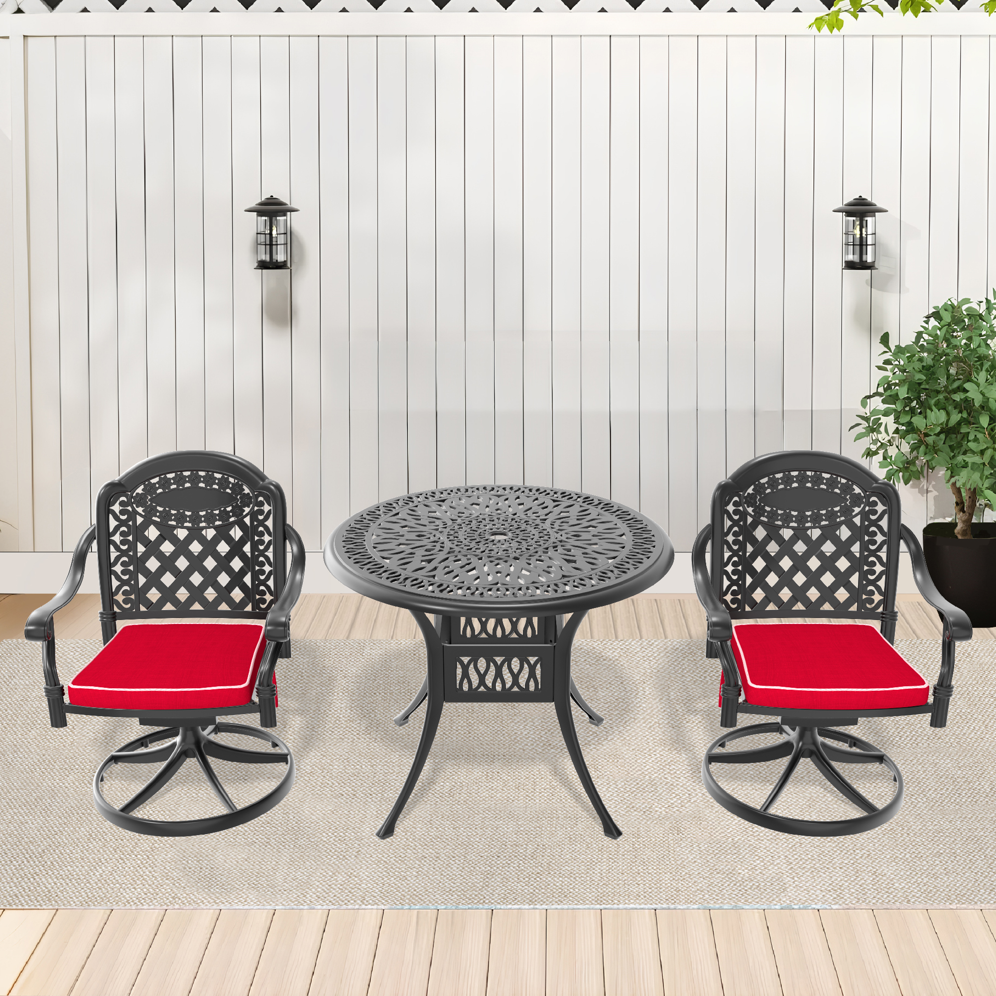 3-Piece All-Weather Cast Aluminum Dining Set, Include 2 Swivel Chairs and 35.43″ Round Table With Black Frame