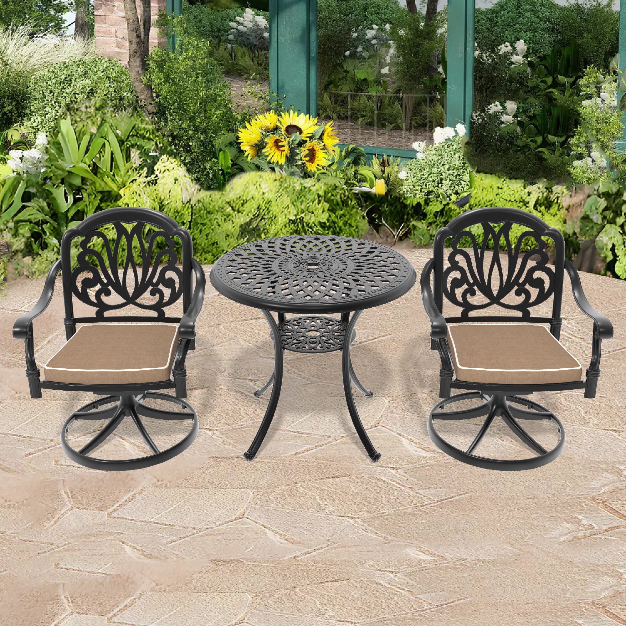 3-Piece All-Weather Cast Aluminum Dining Set, Include 2 Swivel Chairs and 30.71″ Round Table With Black Frame