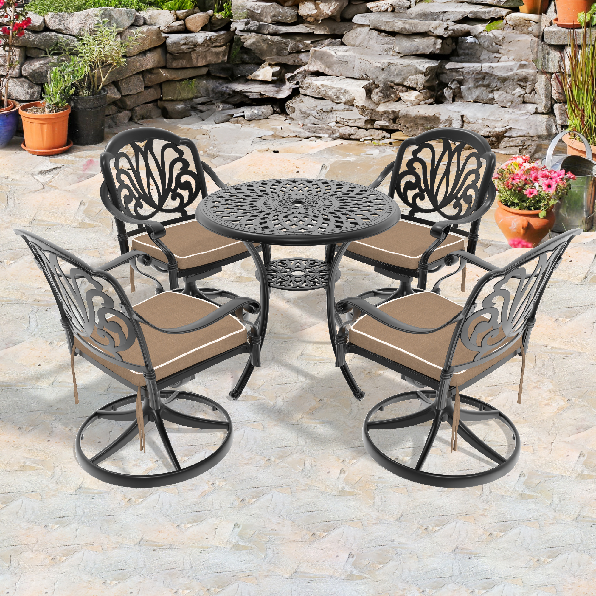 5-Piece All-Weather Cast Aluminum Dining Set, Include 4 Swivel Chairs and 30.71″ Round Table With Black Frame (same sku: W1710S00431)