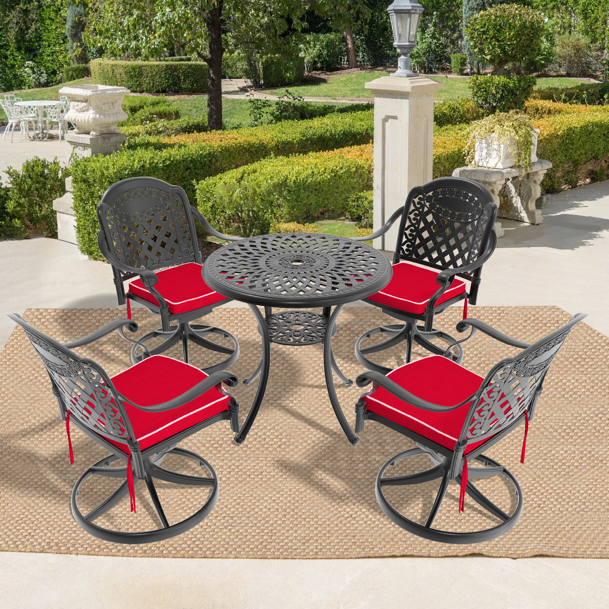 5-Piece All-Weather Cast Aluminum Dining Set, Include 4 Swivel Chairs and 30.71″ Round Table With Black Frame (same sku: W1710S00432 )