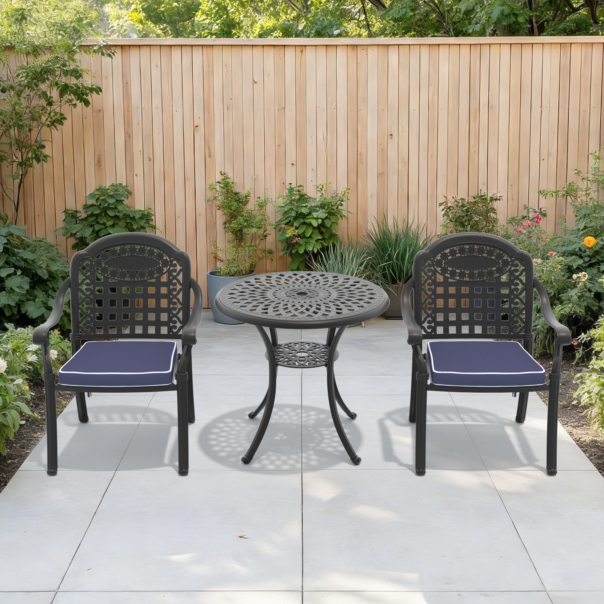 3-Piece Set Of Cast Aluminum Patio Furniture With Blue Cushions