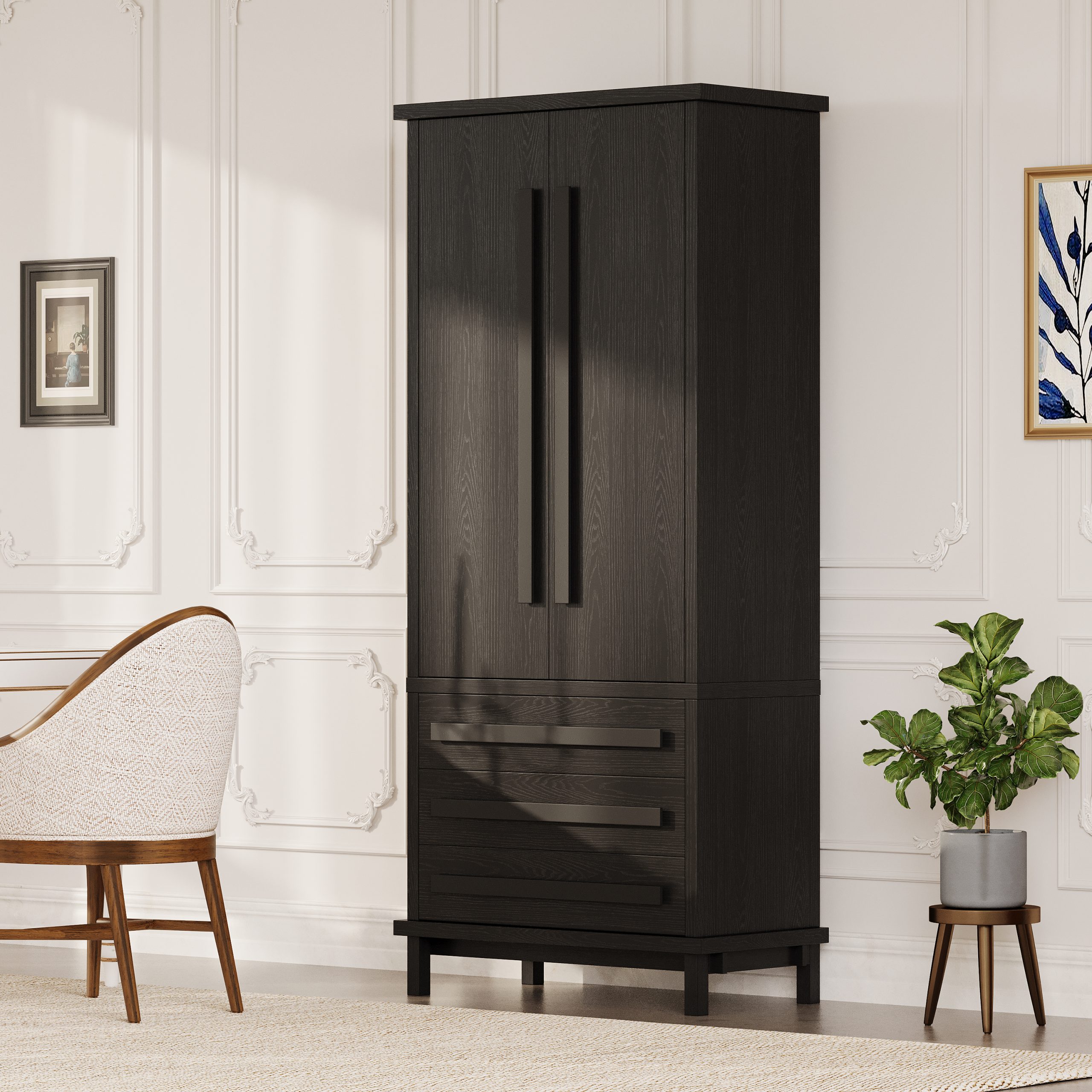 70″ Kitchen Pantry Cabinet with 2 Cabinet Shelves,Luxurious Wooden Cupboard with 6 Door Shelves and 3 Drawers for Kitchen, Dining Room,Black