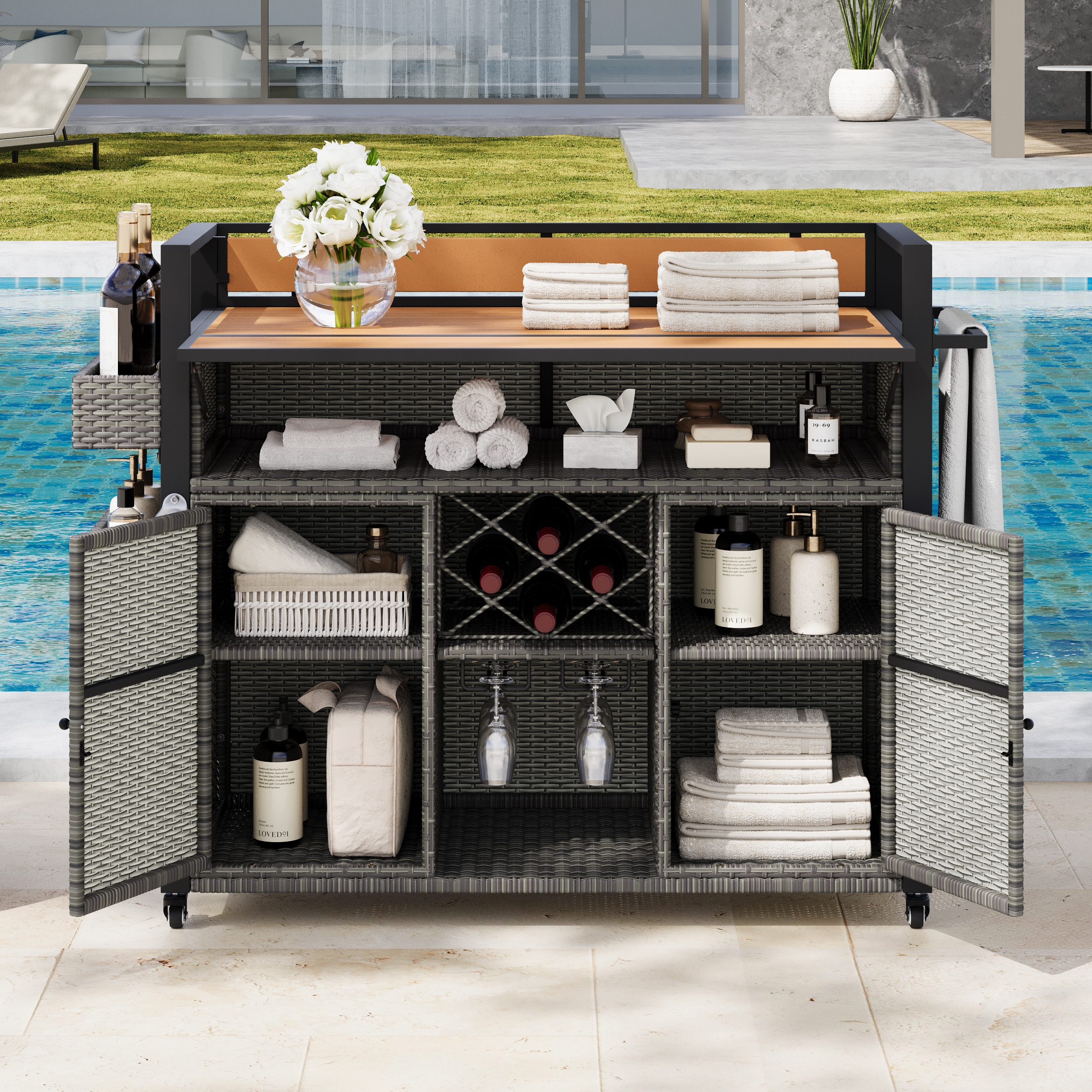 K&K 52.8″W Wicker Outdoor Grill Cart with Extended Plastic Wood Table Top, Rolling Kitchen Island on Wheels with Storage Cabinet, for Patio Backyard Garden Poolside, Double Handle Design, Grey