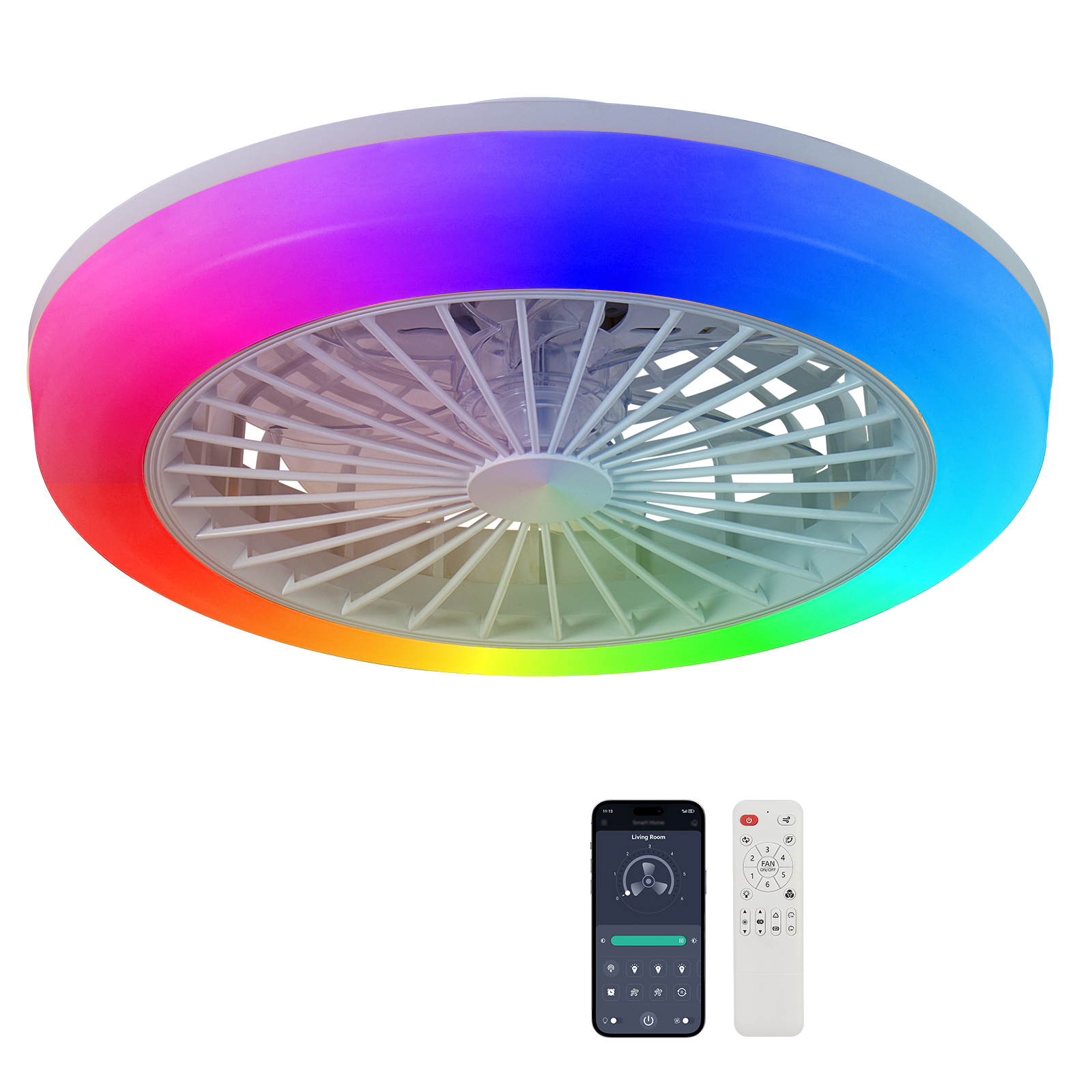 18 inch Ceiling Fan with RGB Light Remote, Smart LED Ceiling Fans with Remote/App Control, Modern Low Profile Dimmable Light Ceiling Fan for Bedroom Living Room White