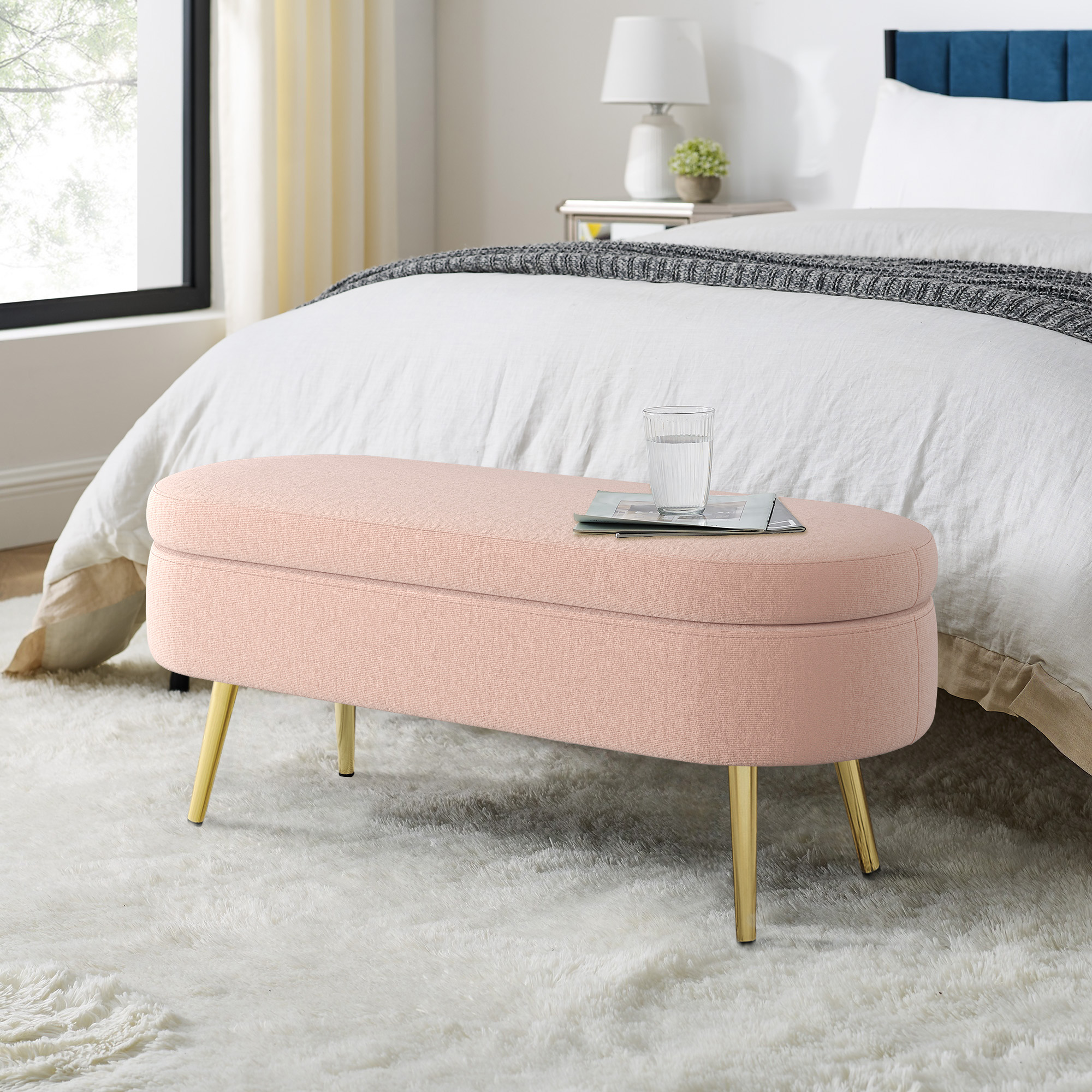 Ottoman Oval Storage Bench, Flannel with Metal Legs-Pink(43.5″x16″x16″)