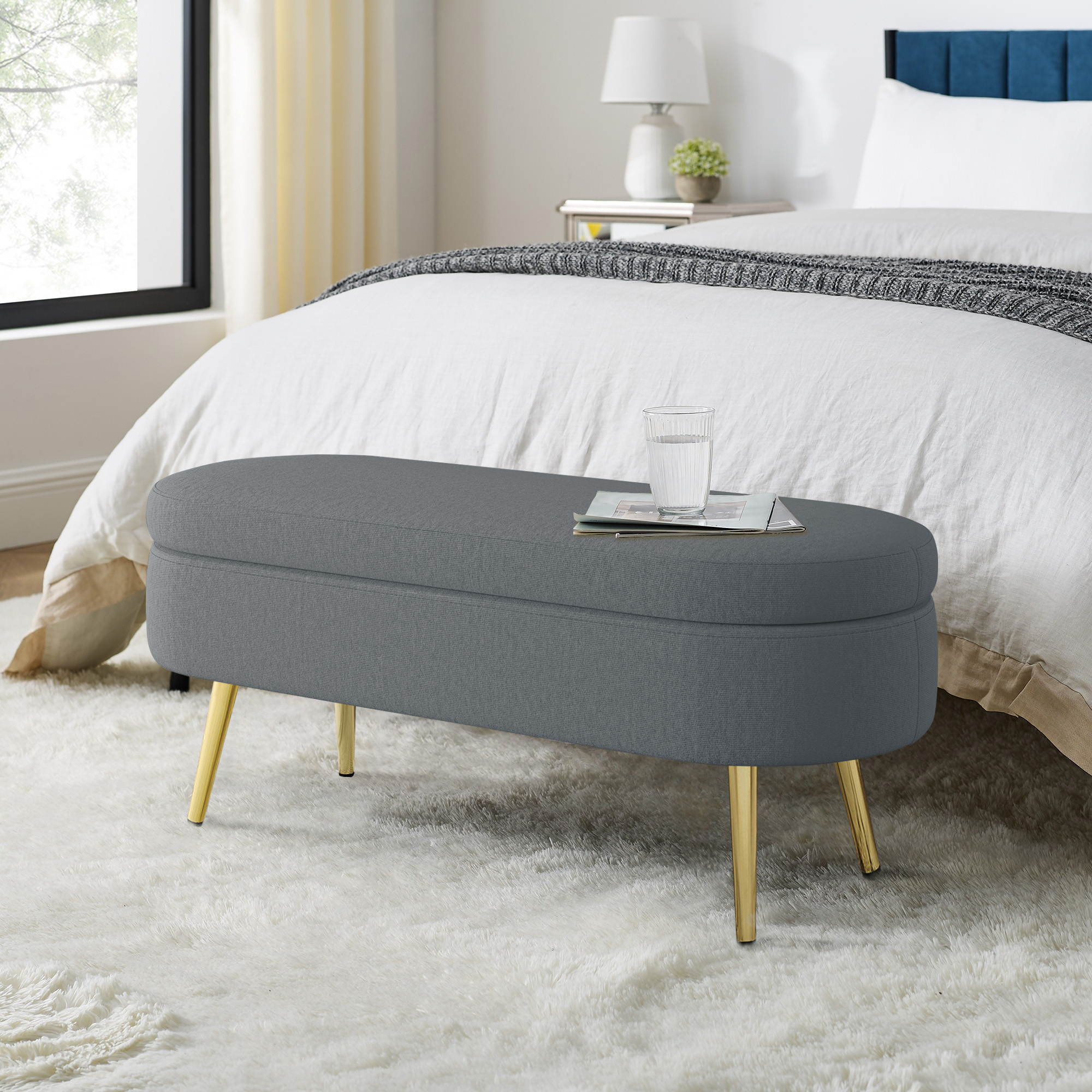 Ottoman Oval Storage Bench, Flannel with Metal Legs-Dark Gray(43.5″x16″x16″)