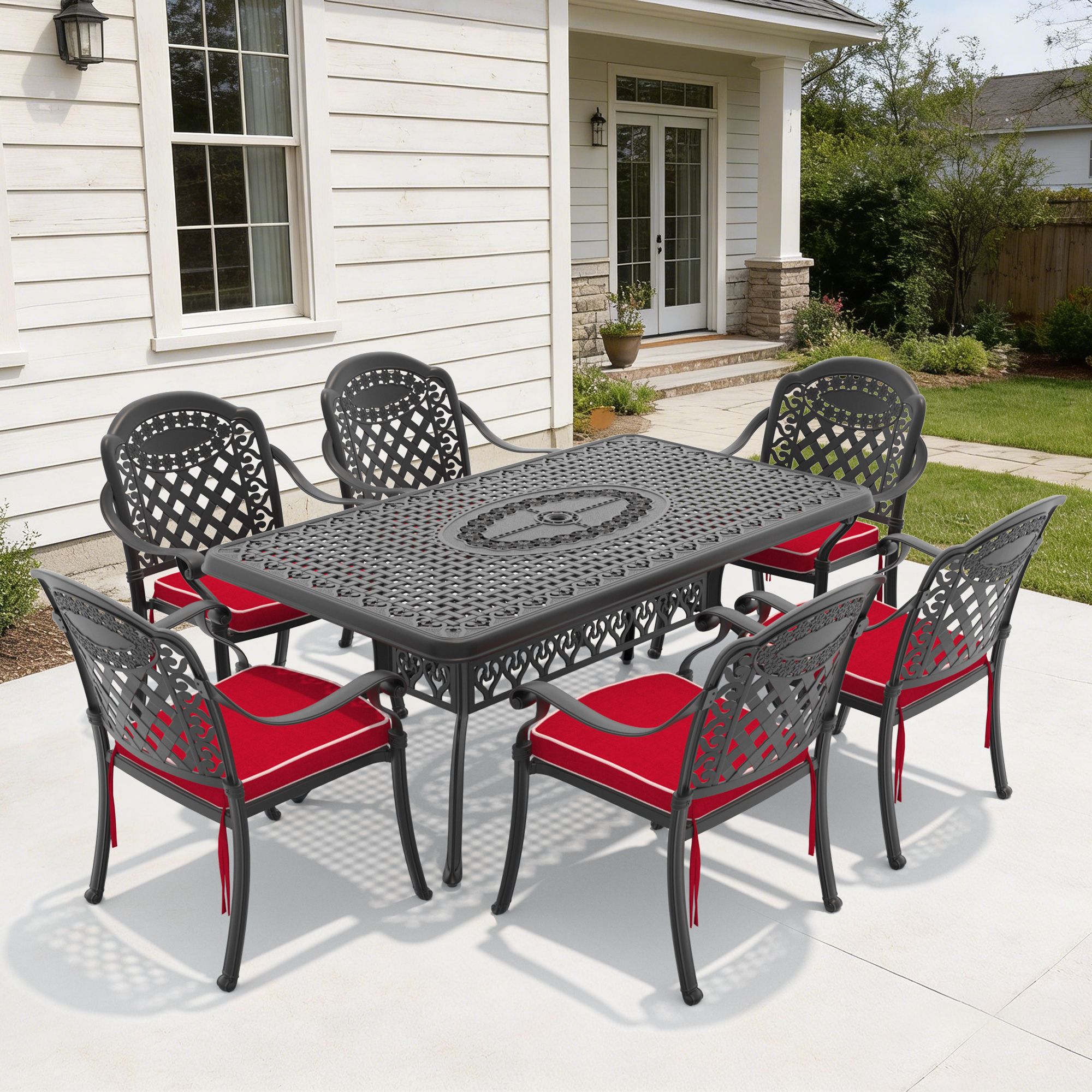7-Piece Set Of Cast Aluminum Patio Furniture With Black Frame and Red Cushions
