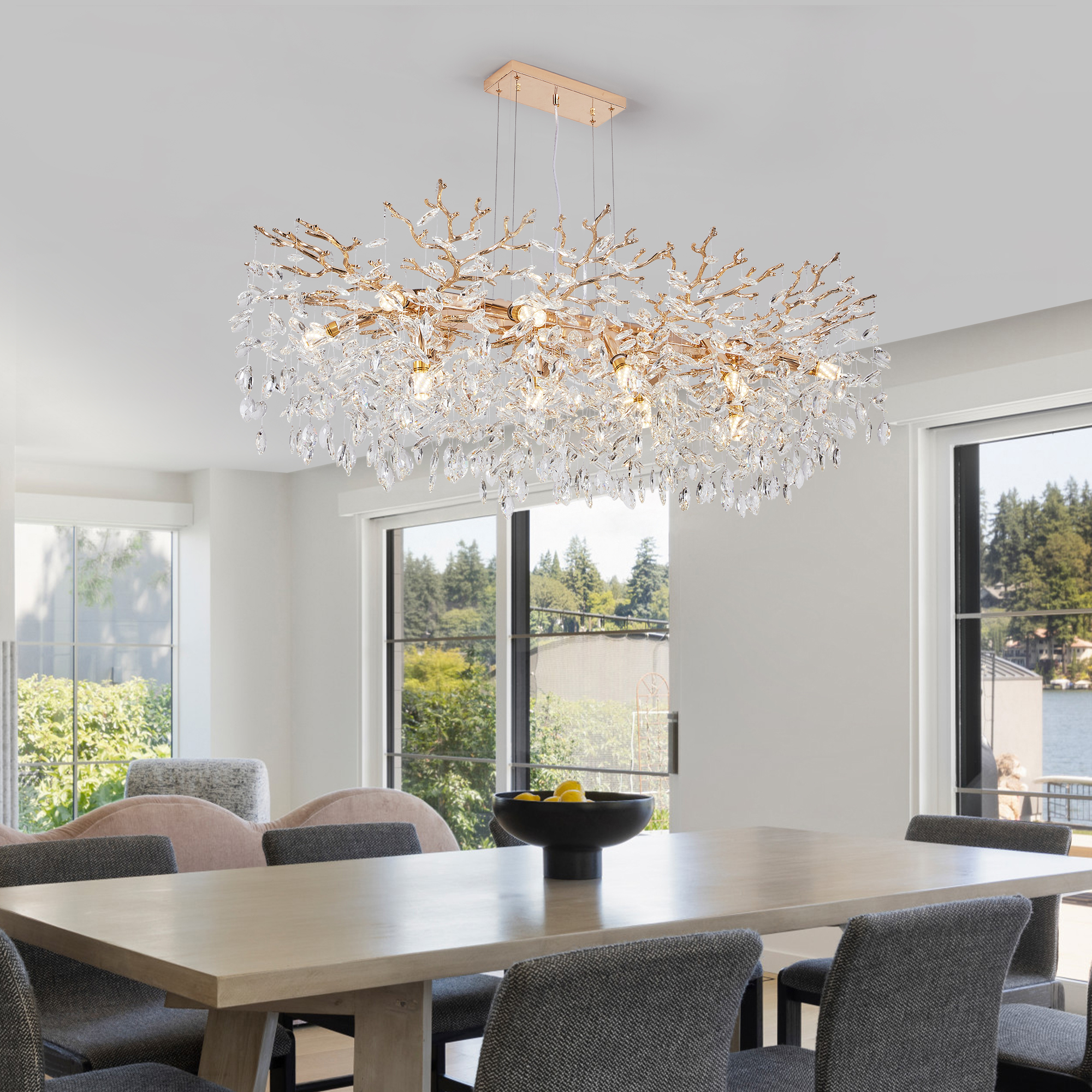 Modern Rectangular Chandelier, 49.2″ Gold Crystal Tree Branch Chandelier 14 Lights Luxury Raindrop Light for Dining Room, Kitchen Island, Living Room
