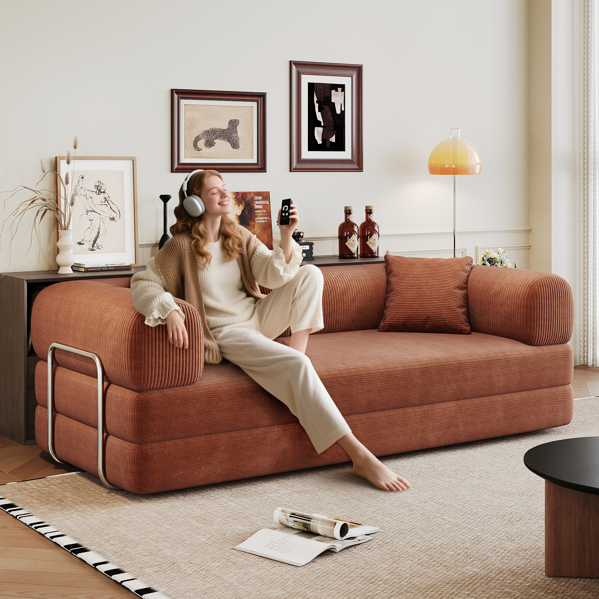 78.8″ Compression Sofa,Convertible Floor Sofa Bed-with Pillow Back Support Armrest,Comfy Futon Couch Sleeper Bed,Loveseats Boneless Modular Sectional Sofa,Corduroy fabric,for Living Room,Bedroom,Brown
