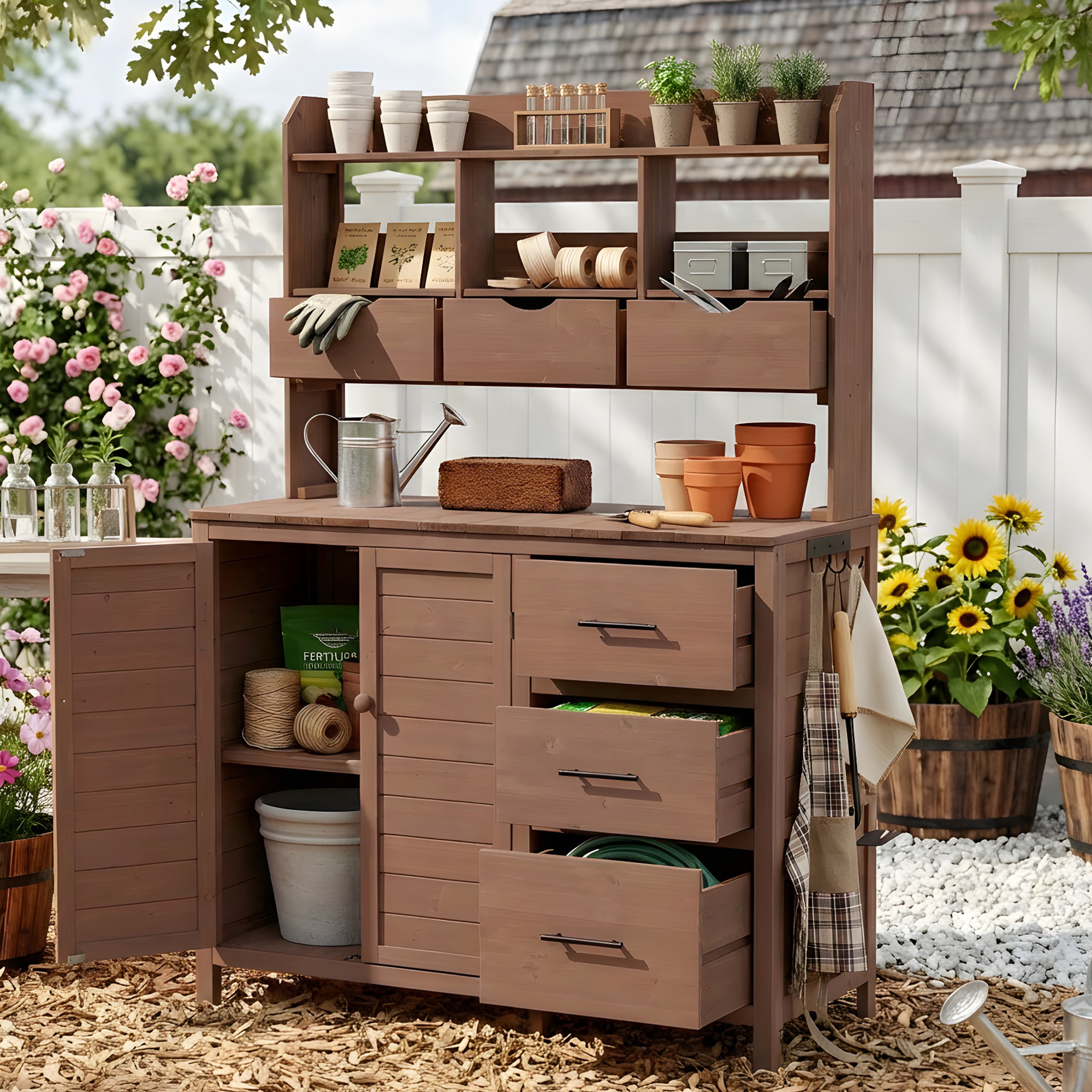 (With Assembly Video) TOPMAX Farmhouse Patio Potting Bench, 44.6”x19.5” Large Freestanding Garden Workstation with 6 Drawers, Bottom Cabinet and Side Hook, Outdoor Kitchen Island, Brown