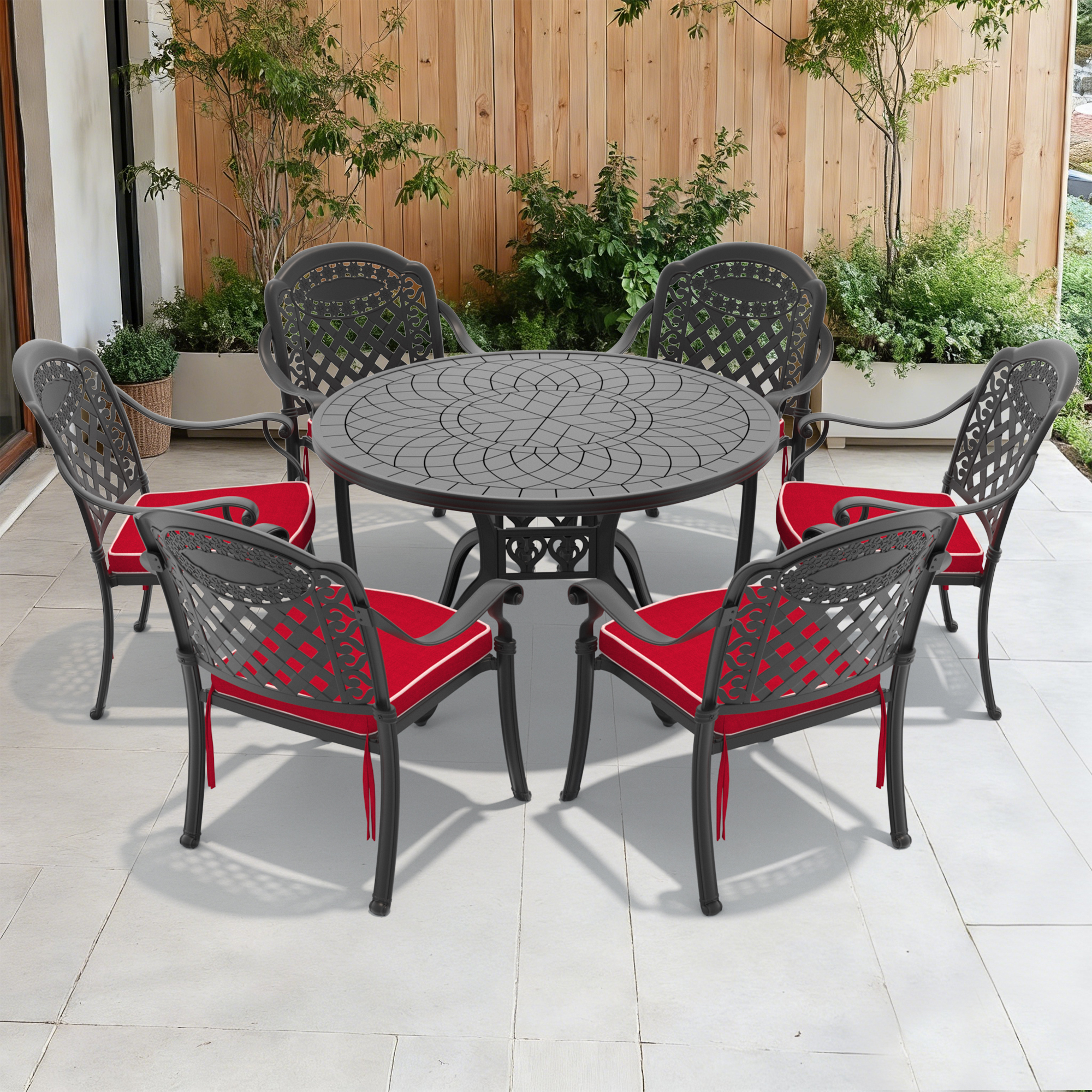 7-Piece Set Of Cast Aluminum Patio Furniture With Black Frame and Red Seat Cushions