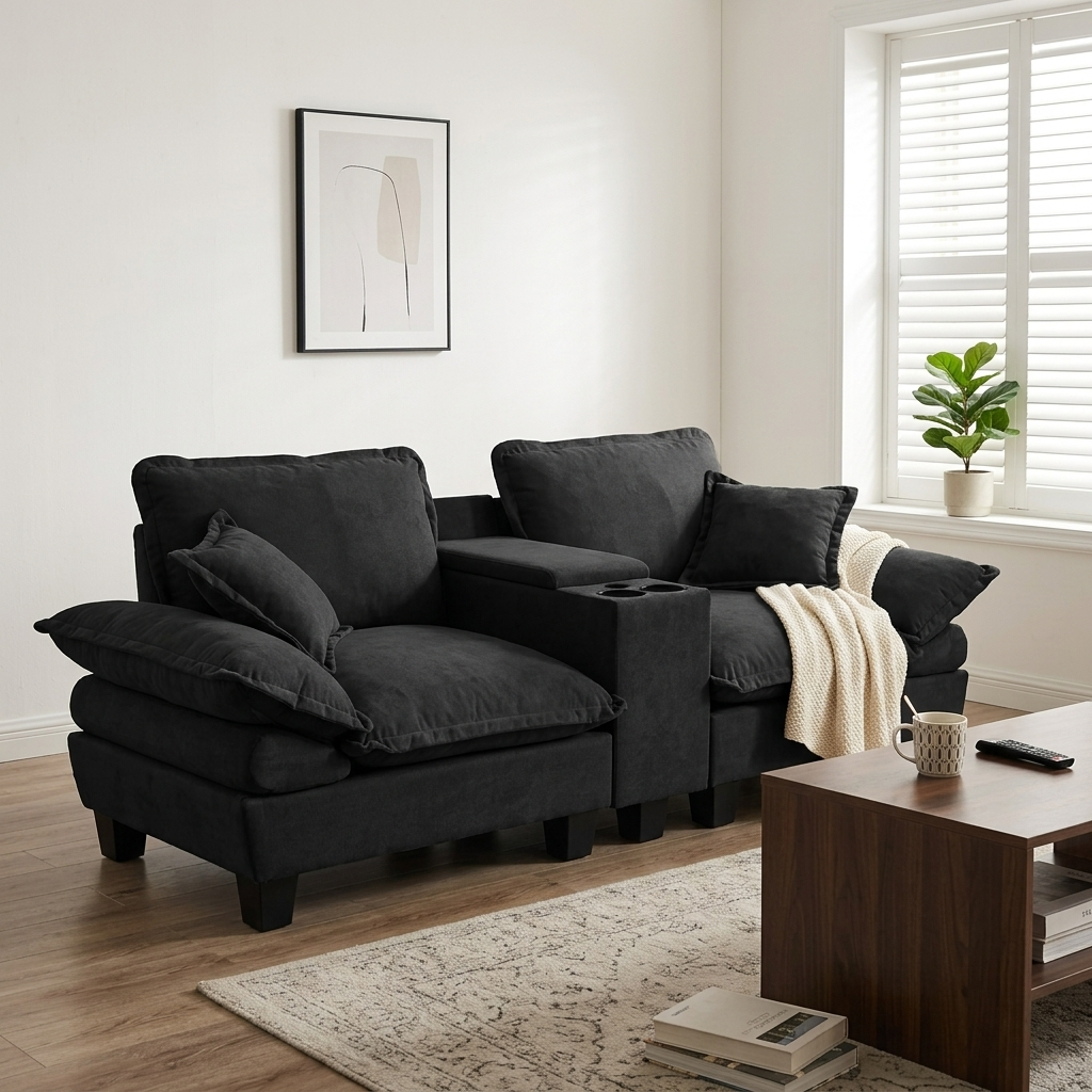 Modular Cloud Couch, L-Shape Sailboat Sofa with Cup Holders & Storage, USB Port, 2 Pillows, Chenille for Apartment & Living Room, Black