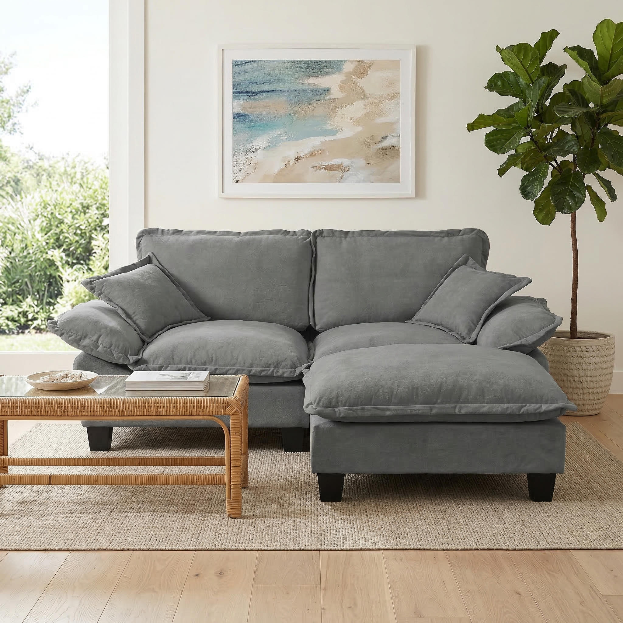 Modular Sectional Sofa, Cloud Couch with Sailboat Design, 1 Movable Ottomans & 2 Soft Pillows Included, Comfy Chenille for Apartment Living Room, Grey
