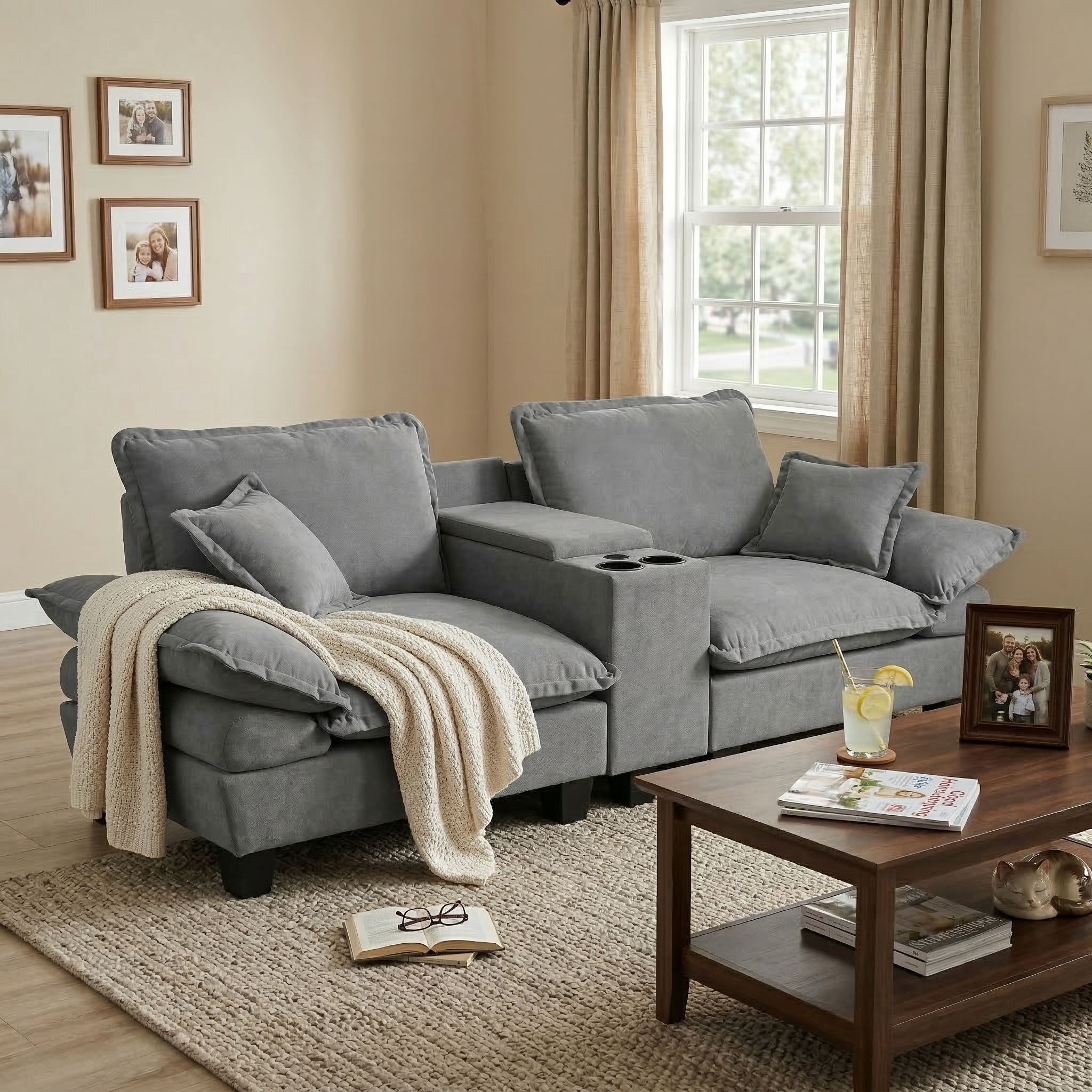 Modular Cloud Couch, L-Shape Sailboat Sofa with Cup Holders & Storage, 2 Pillows, Chenille for Apartment & Living Room, Grey