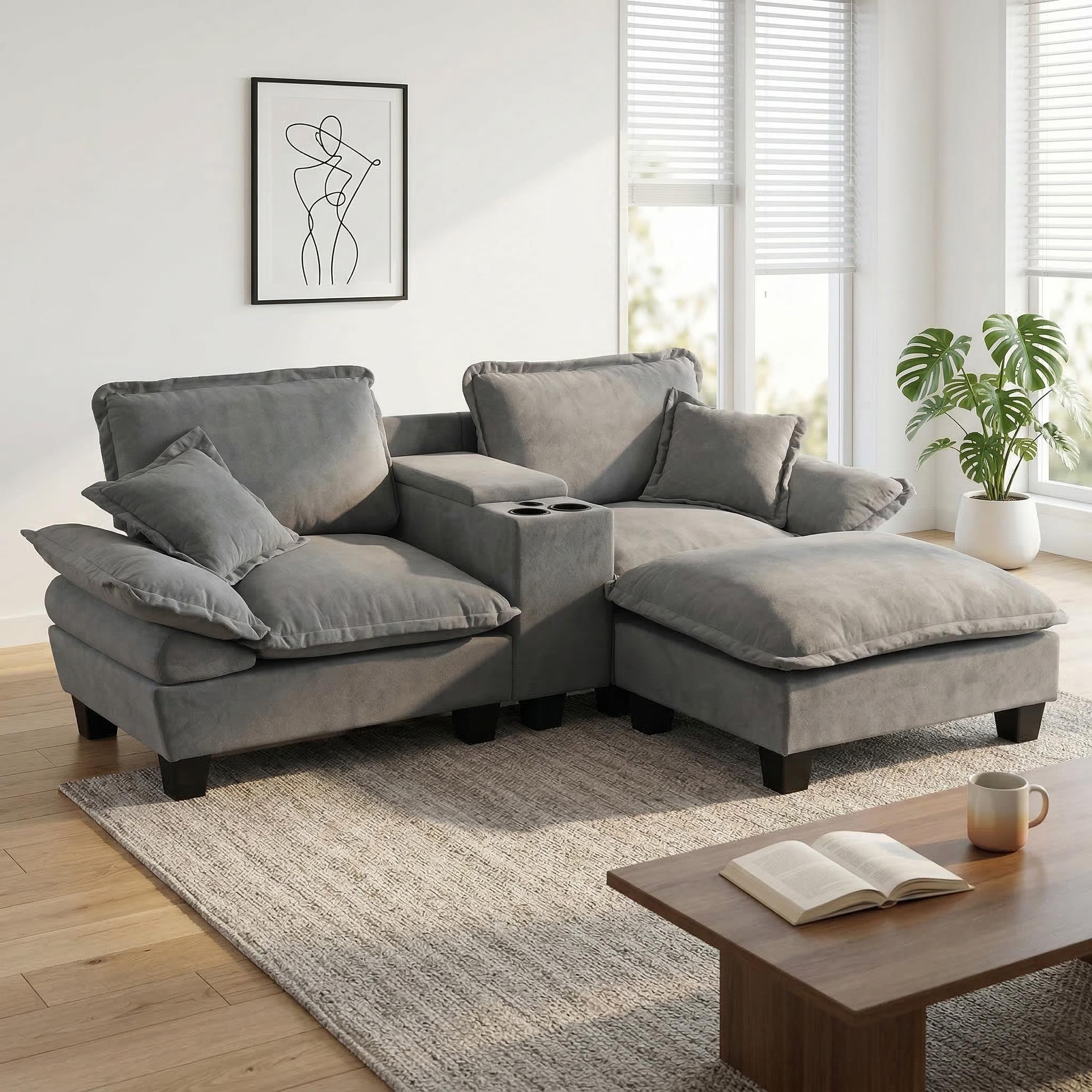 Modular Cloud Couch, L-Shape Sailboat Sofa with Cup Holders & Storage, USB Port, 1 Ottomans & 2 Pillows, Chenille for Apartment & Living Room, Grey