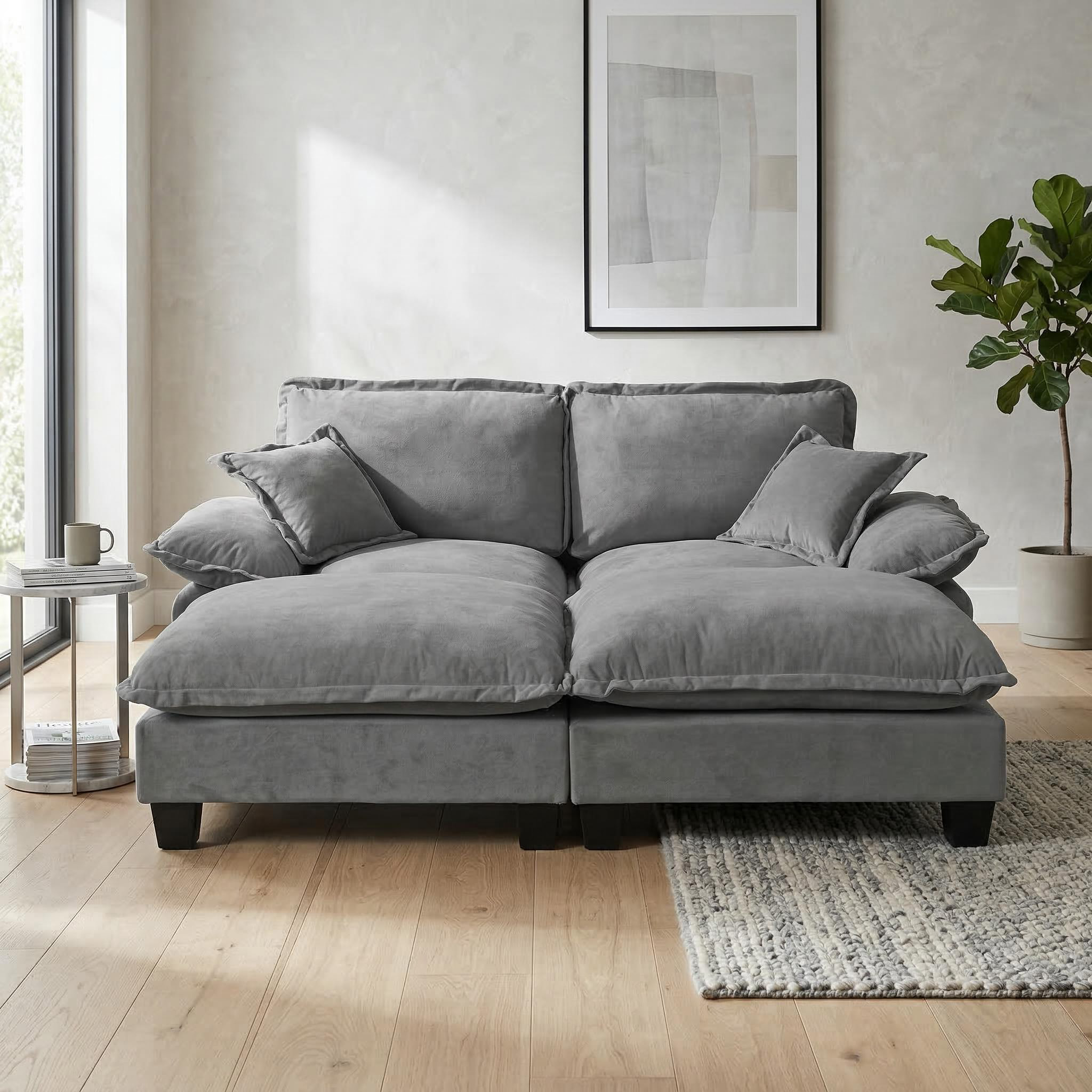 Modular Sectional Sofa, Cloud Couch with Sailboat Design, 2 Movable Ottomans & 2 Soft Pillows Included, Comfy Chenille for Apartment Living Room, Grey