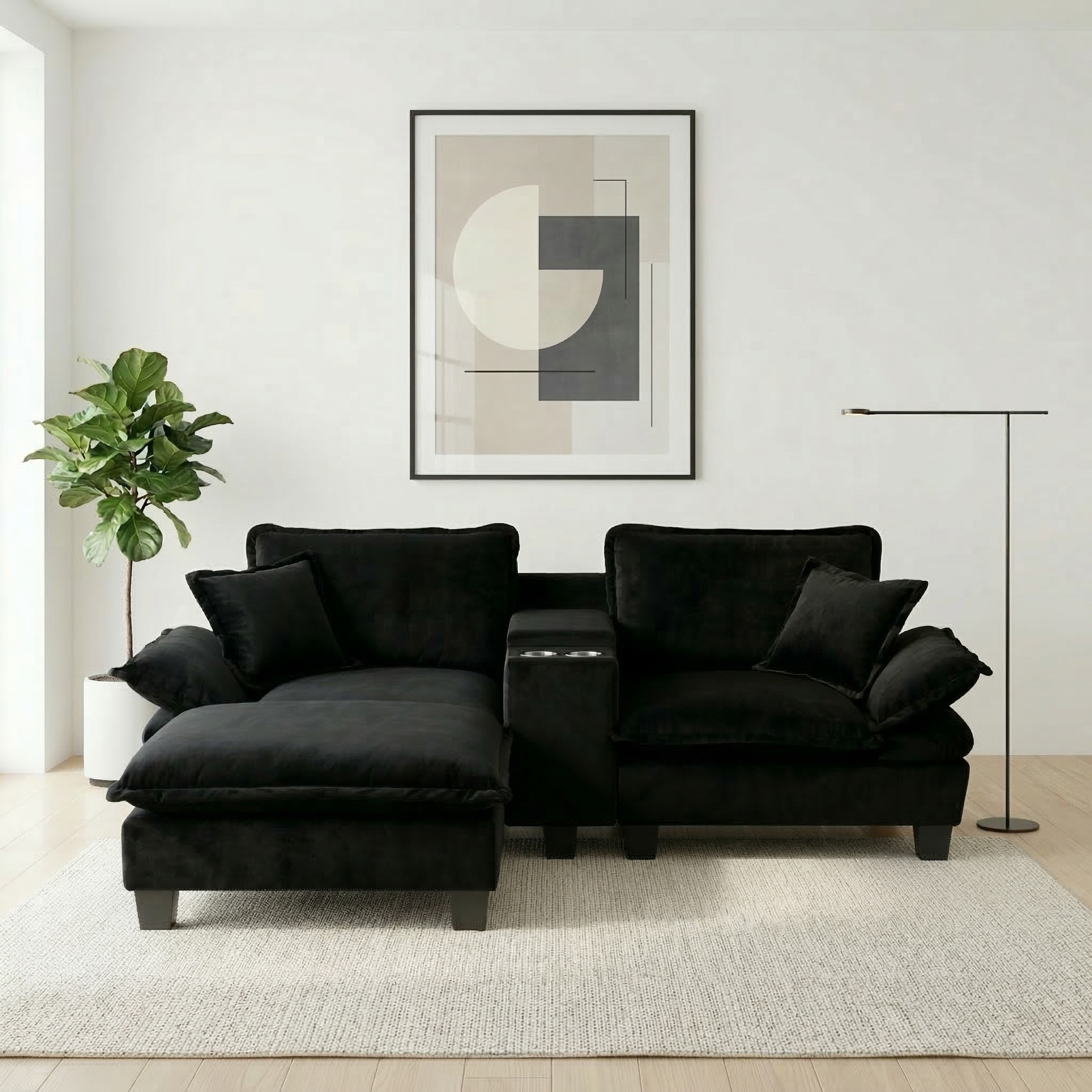 Modular Cloud Couch, L-Shape Sailboat Sofa with Cup Holders & Storage, USB Port, 1 Ottomans & 2 Pillows, Chenille for Apartment & Living Room, Black
