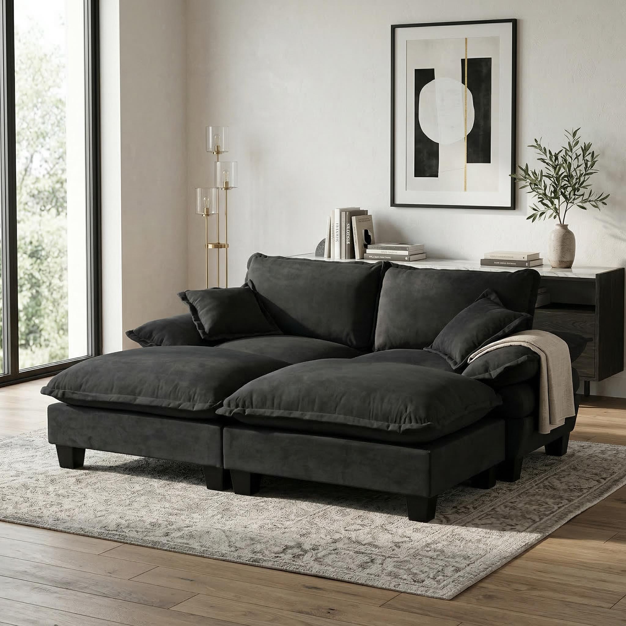 Modular Sectional Sofa, Cloud Couch with Sailboat Design, 2 Movable Ottomans & 2 Soft Pillows Included, Comfy Chenille for Apartment Living Room, Black