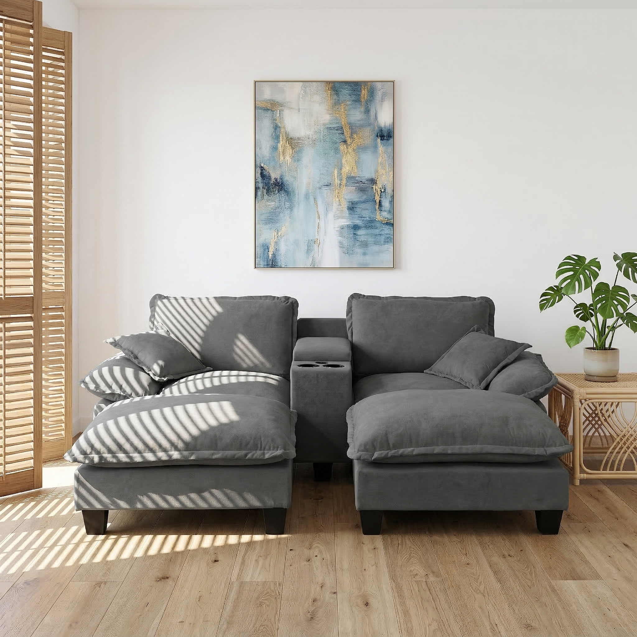 Modular Cloud Couch, Sailboat Sofa with Cup Holders & Storage, USB Port, 2 Ottomans & 2 Pillows, Chenille for Apartment & Living Room,Grey