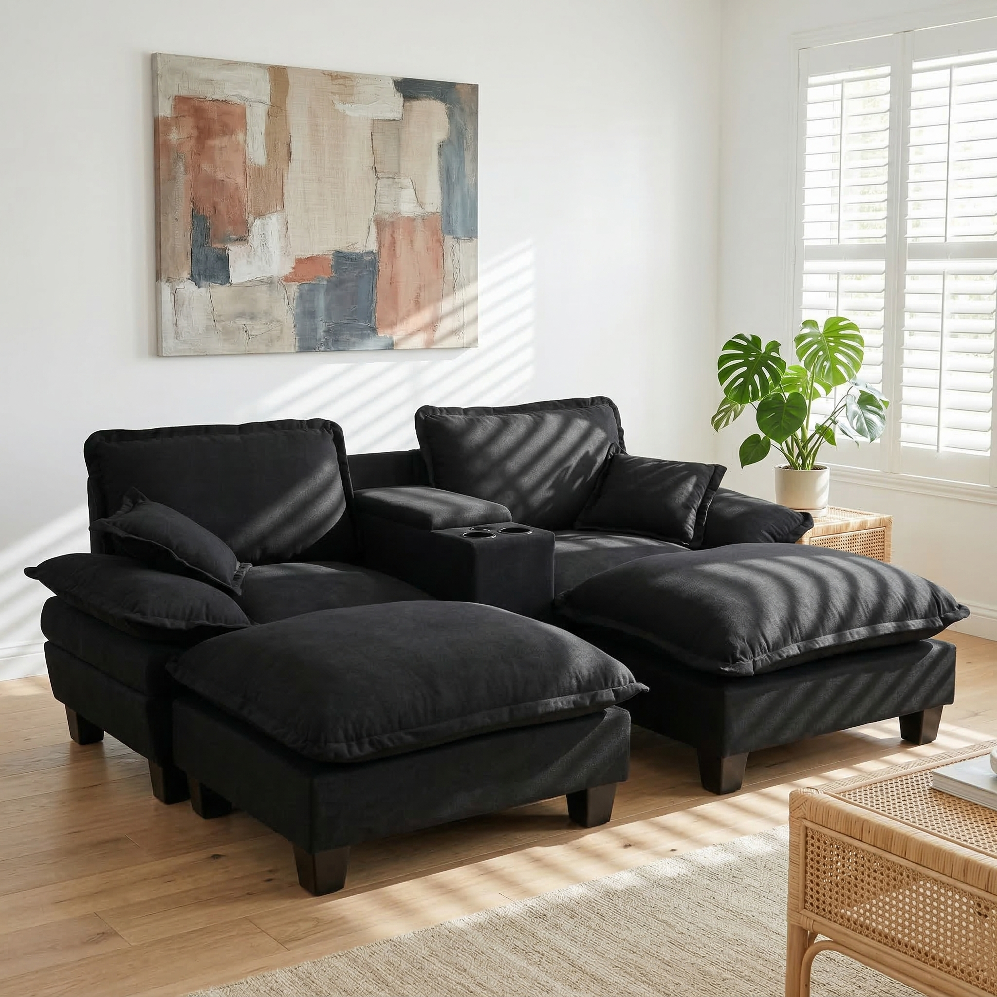 Modular Cloud Couch, Sailboat Sofa with Cup Holders & Storage, USB Port, 2 Ottomans & 2 Pillows, Chenille for Apartment & Living Room,Black