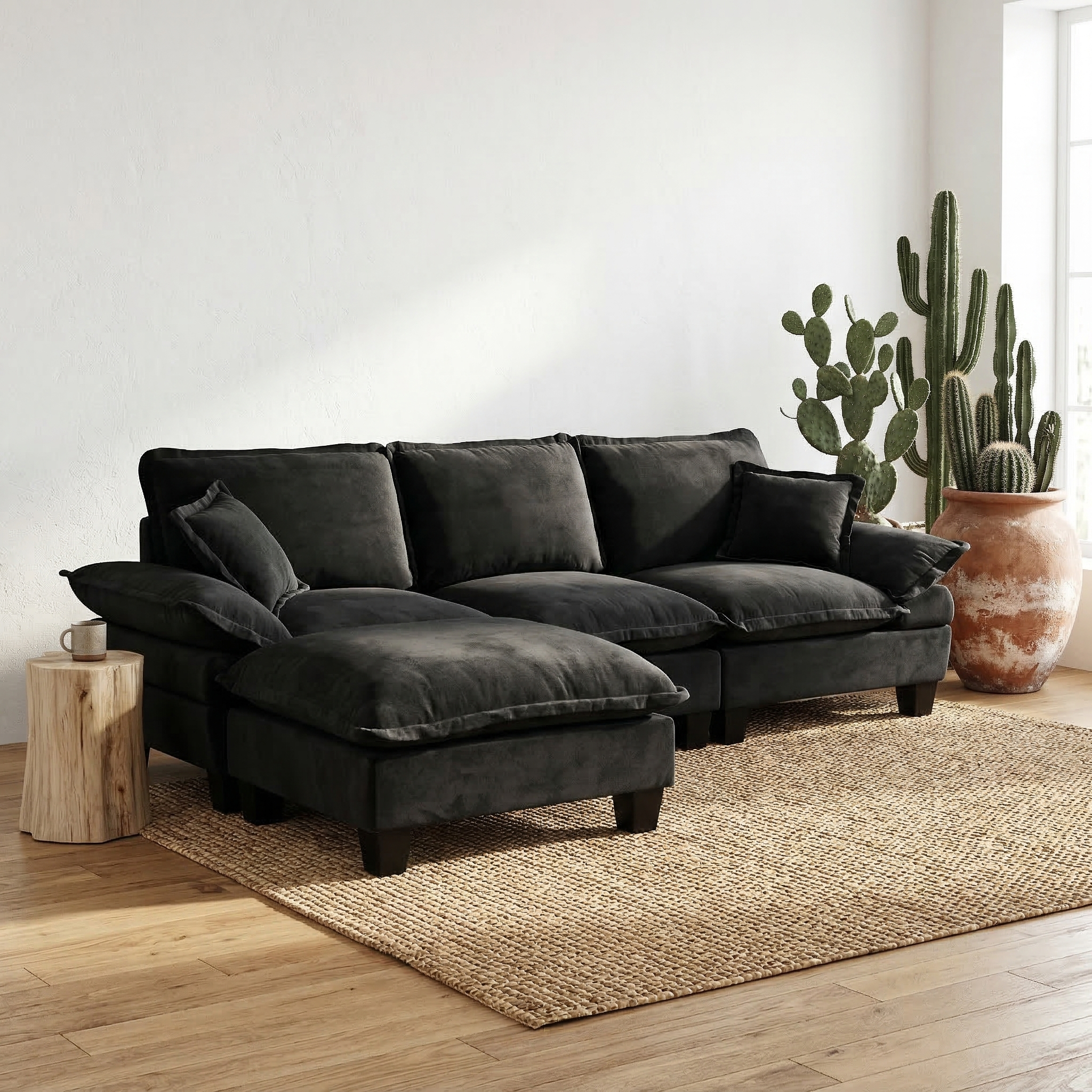 Modular Sectional Sofa, L-Shape Cloud Couch with Sailboat Design, 1 Movable Ottomans & 2 Soft Pillows Included, Comfy Chenille for Apartment Living Room, Black