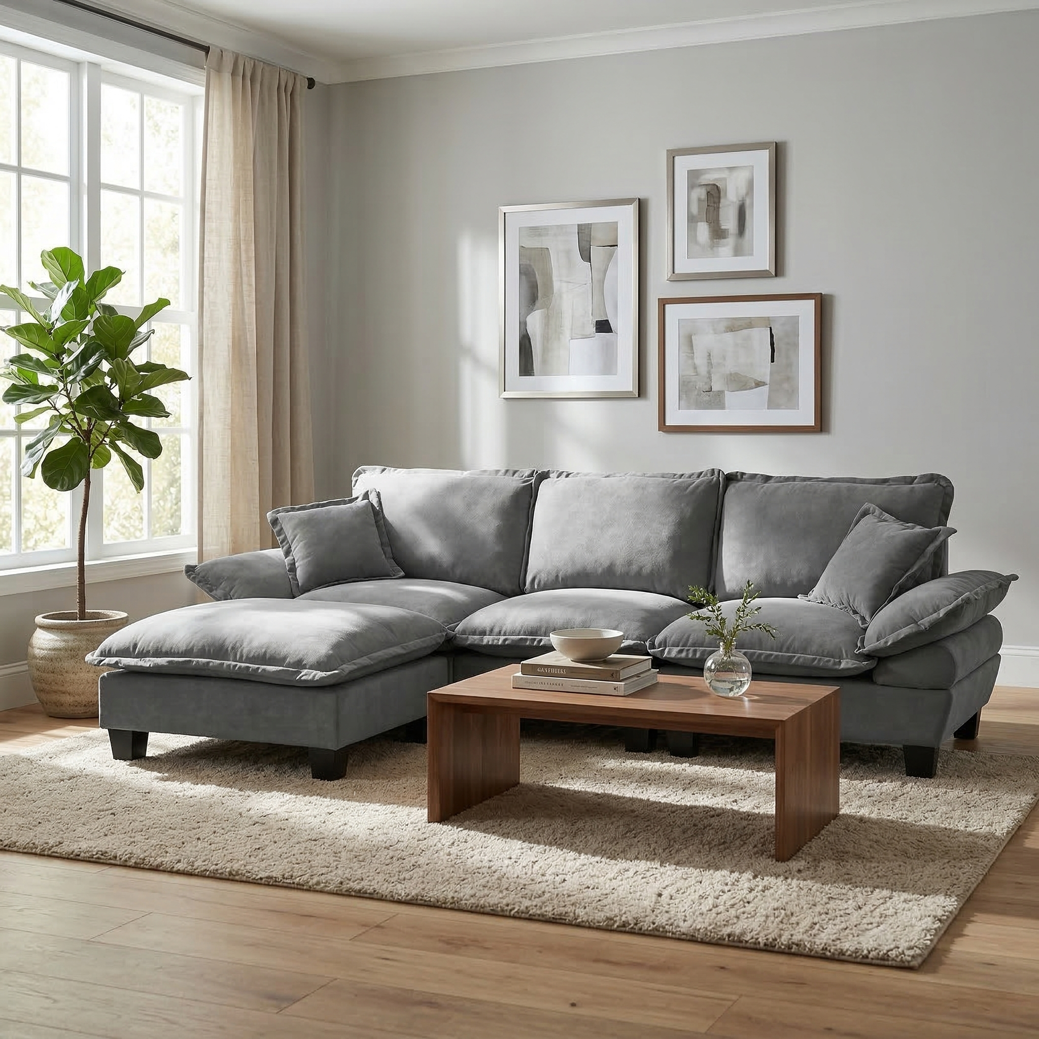 Modular Sectional Sofa, L-Shape Cloud Couch with Sailboat Design, 1 Movable Ottomans & 2 Soft Pillows Included, Comfy Chenille for Apartment Living Room,Grey