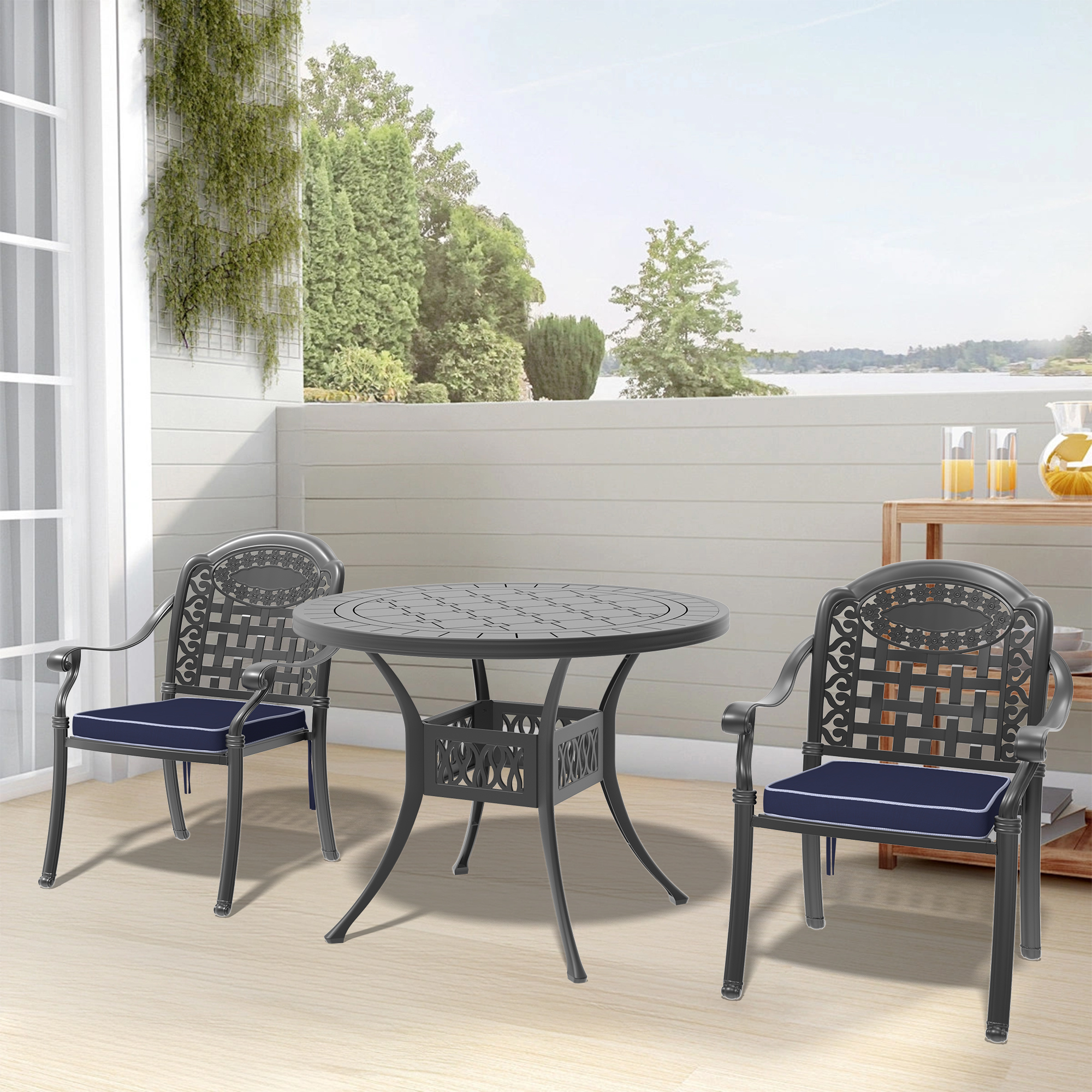 3-Piece Set Of Cast Aluminum Patio Furniture With Blue Cushions