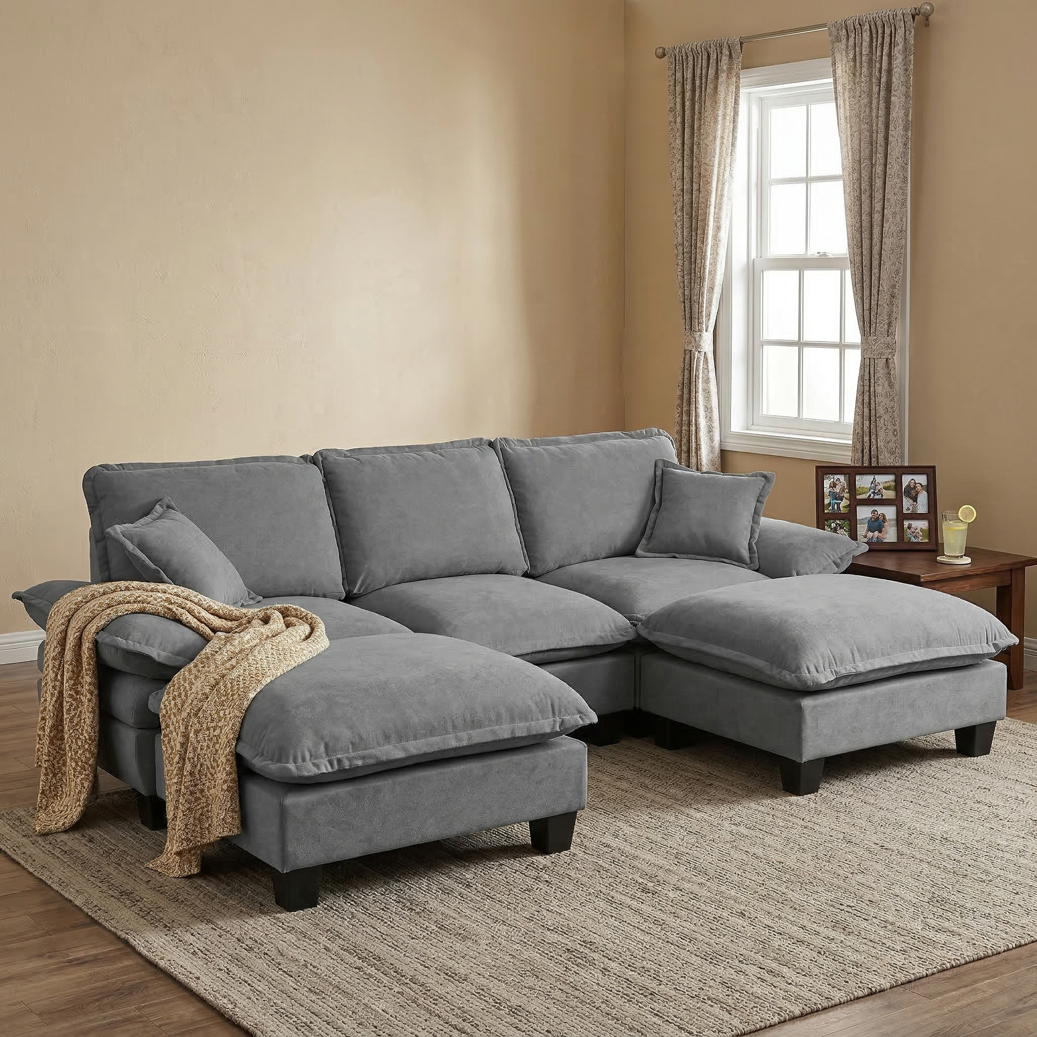 Modular Sectional Sofa, U-Shape Cloud Couch with Sailboat Design, 2 Movable Ottomans & 2 Soft Pillows Included, Comfy Chenille for Apartment Living Room, Grey