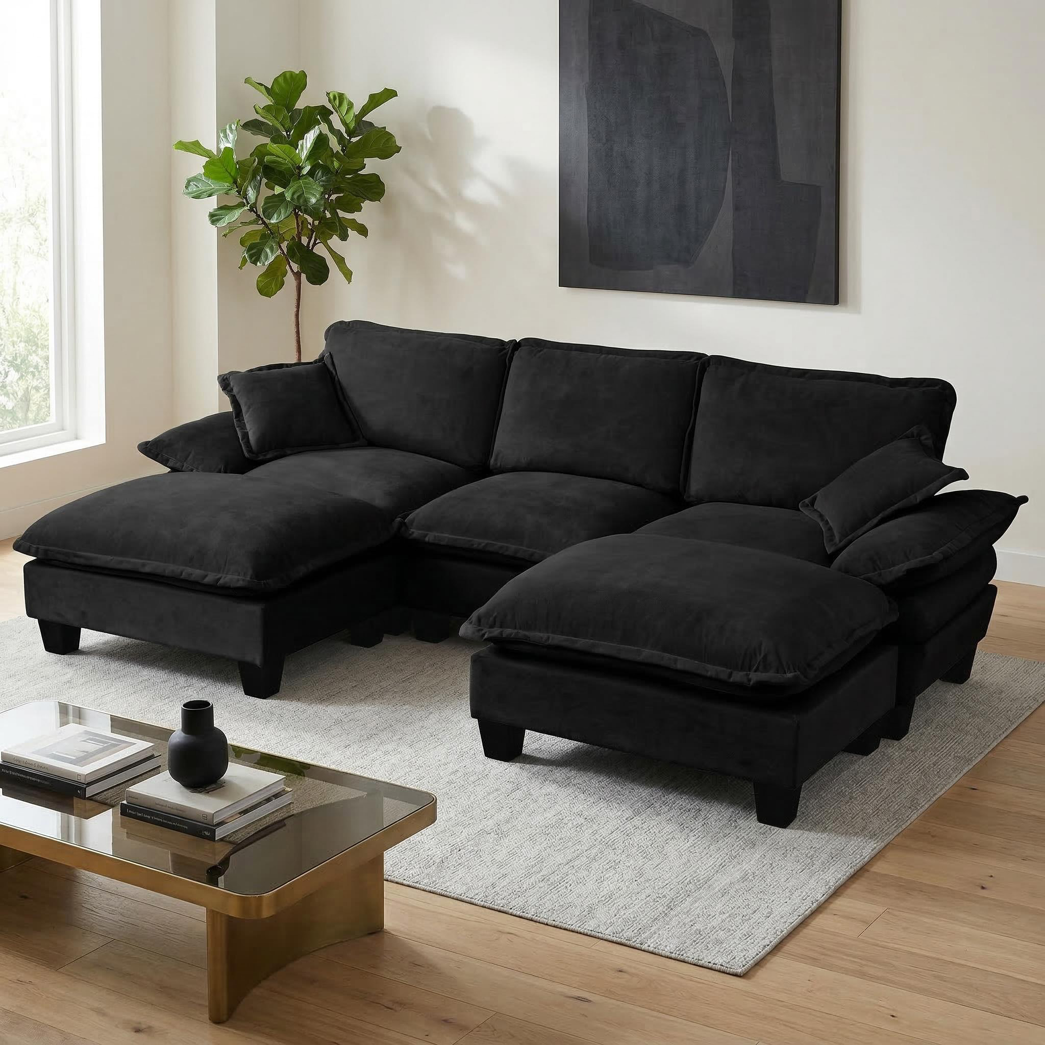 Modular Sectional Sofa, U-Shape Cloud Couch with Sailboat Design, 2 Movable Ottomans & 2 Soft Pillows Included, Comfy Chenille for Apartment Living Room, Black