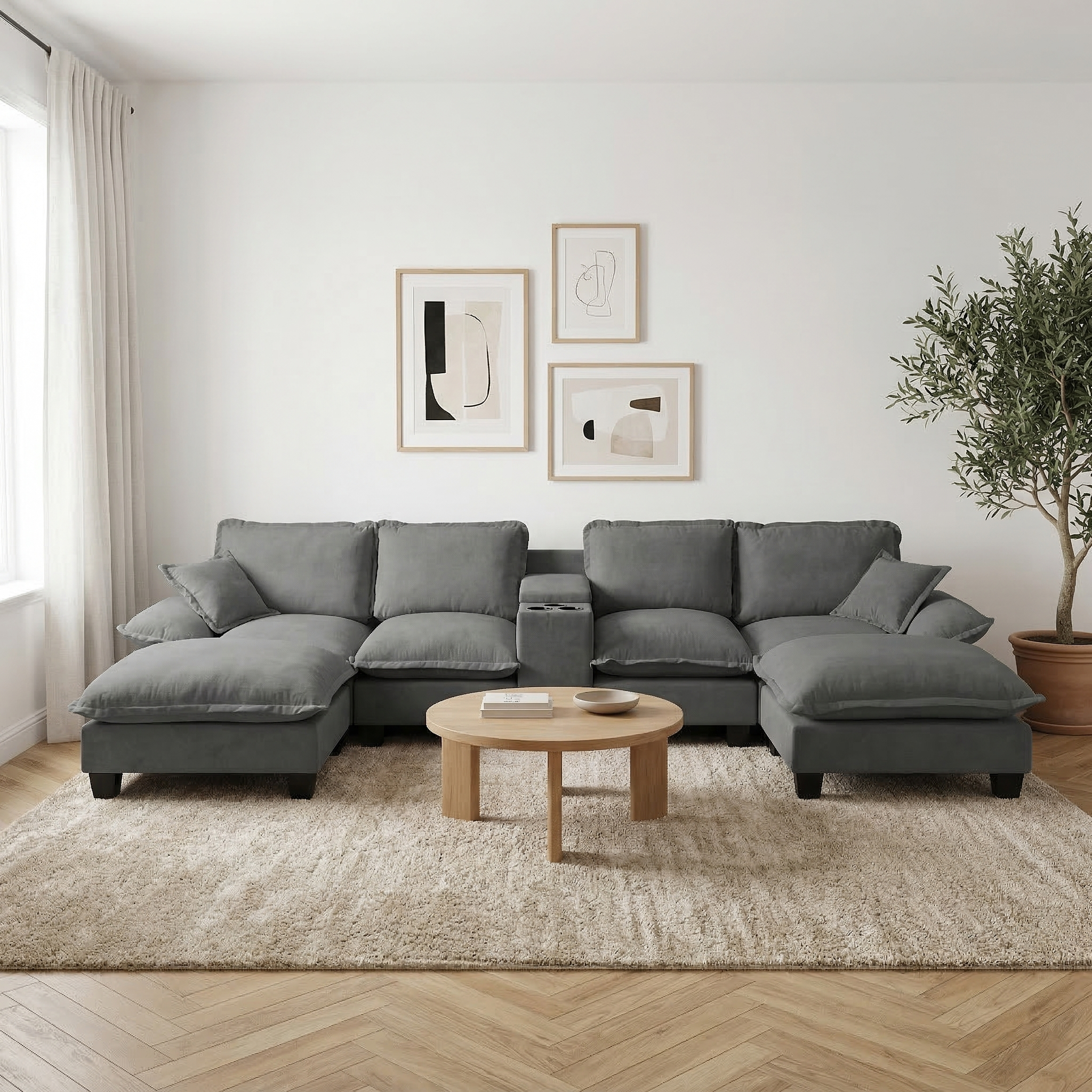 Modular Cloud Couch, U-Shape Sailboat Sofa with Cup Holders & Storage, USB Port, 2 Ottomans & 2 Pillows, Chenille for Apartment & Living Room, Grey
