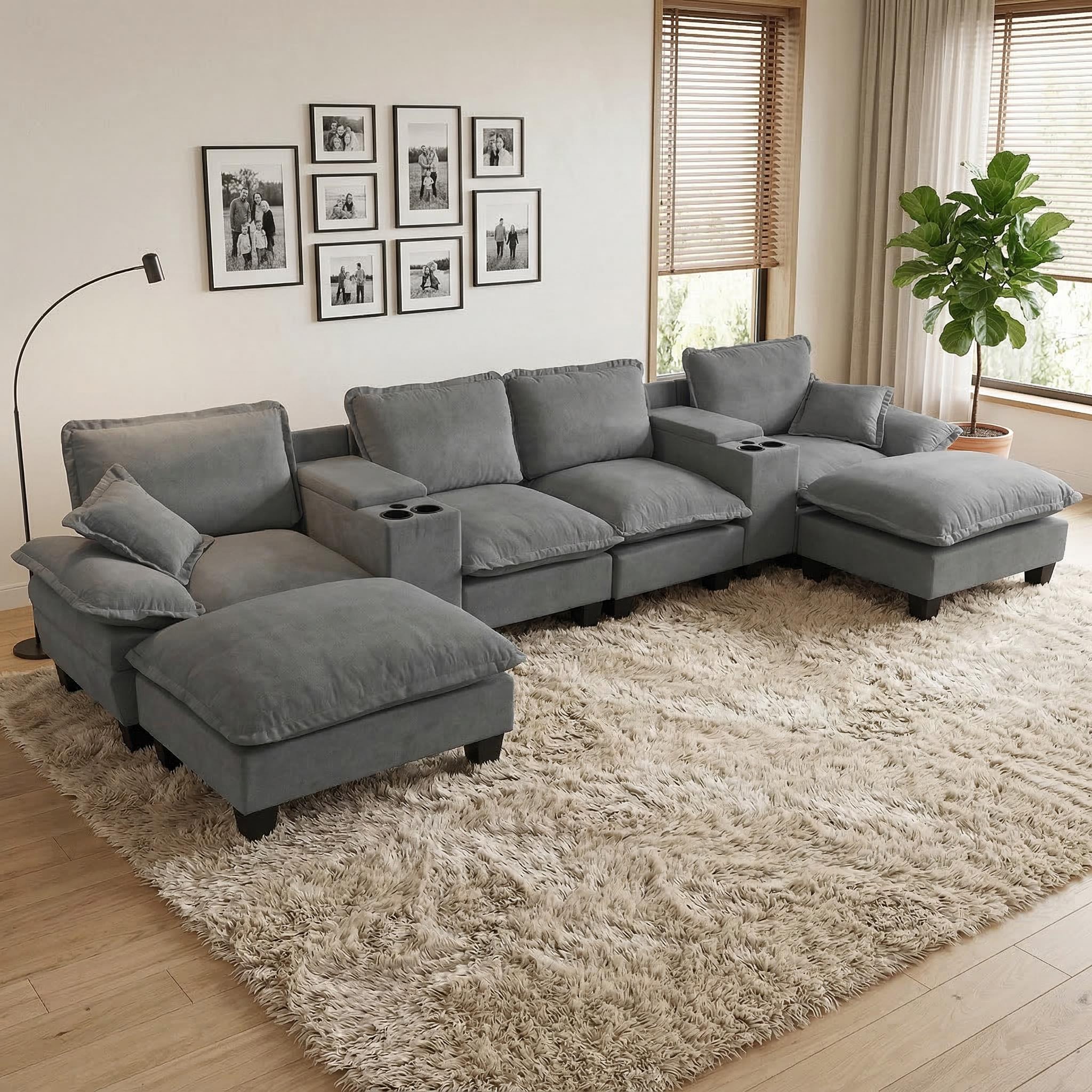 Modular Cloud Couch, U-Shape Sailboat Sofa with 2 Storage Central Consoles & Cup Holders, USB Port, 2 Ottomans & 2 Pillows, Chenille for Apartment & Living Room, Grey