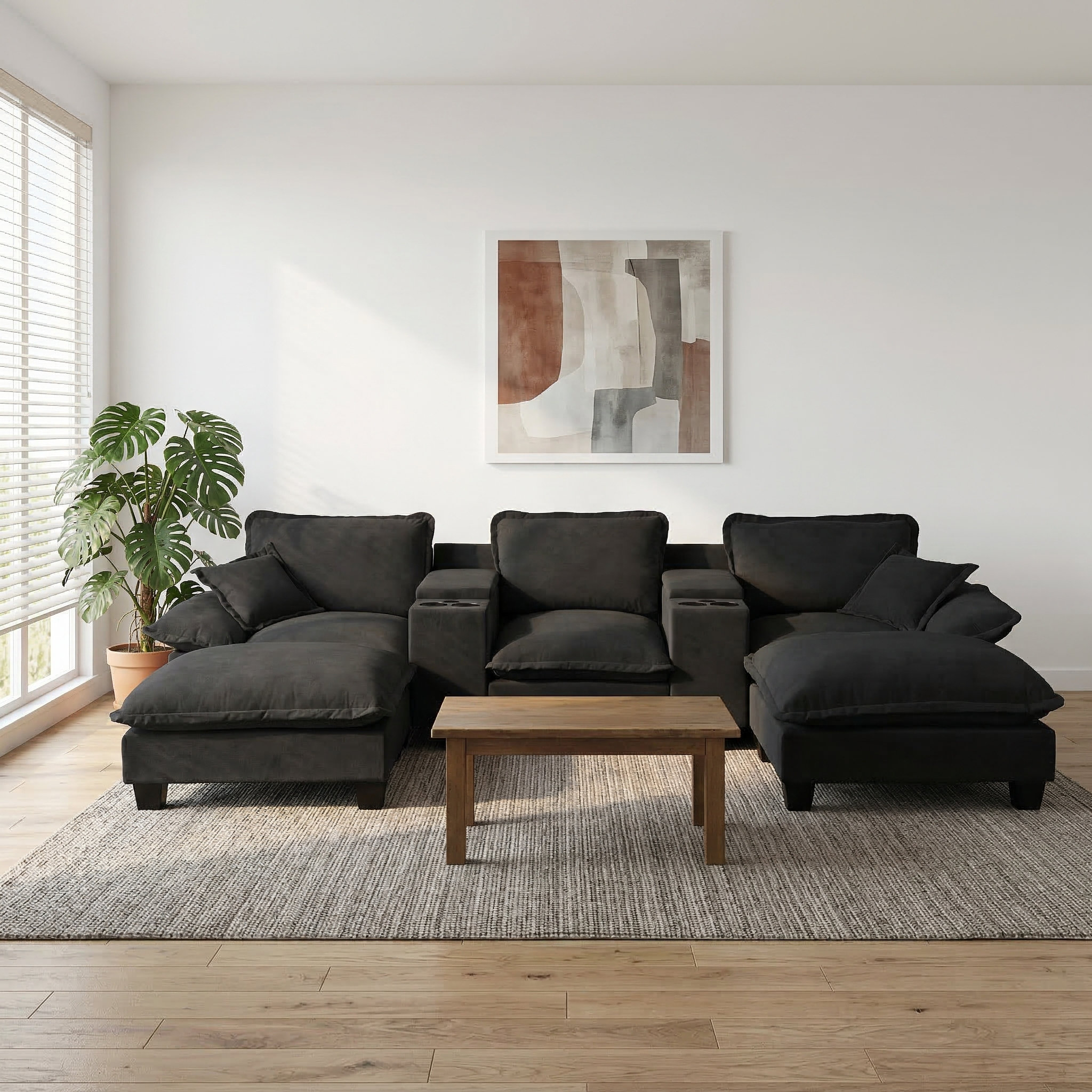 Modular Cloud Couch, U-Shape Sailboat Sofa with Cup Holders & Storage, USB Port, 2 Ottomans & 2 Pillows, Chenille for Apartment & Living Room, Black