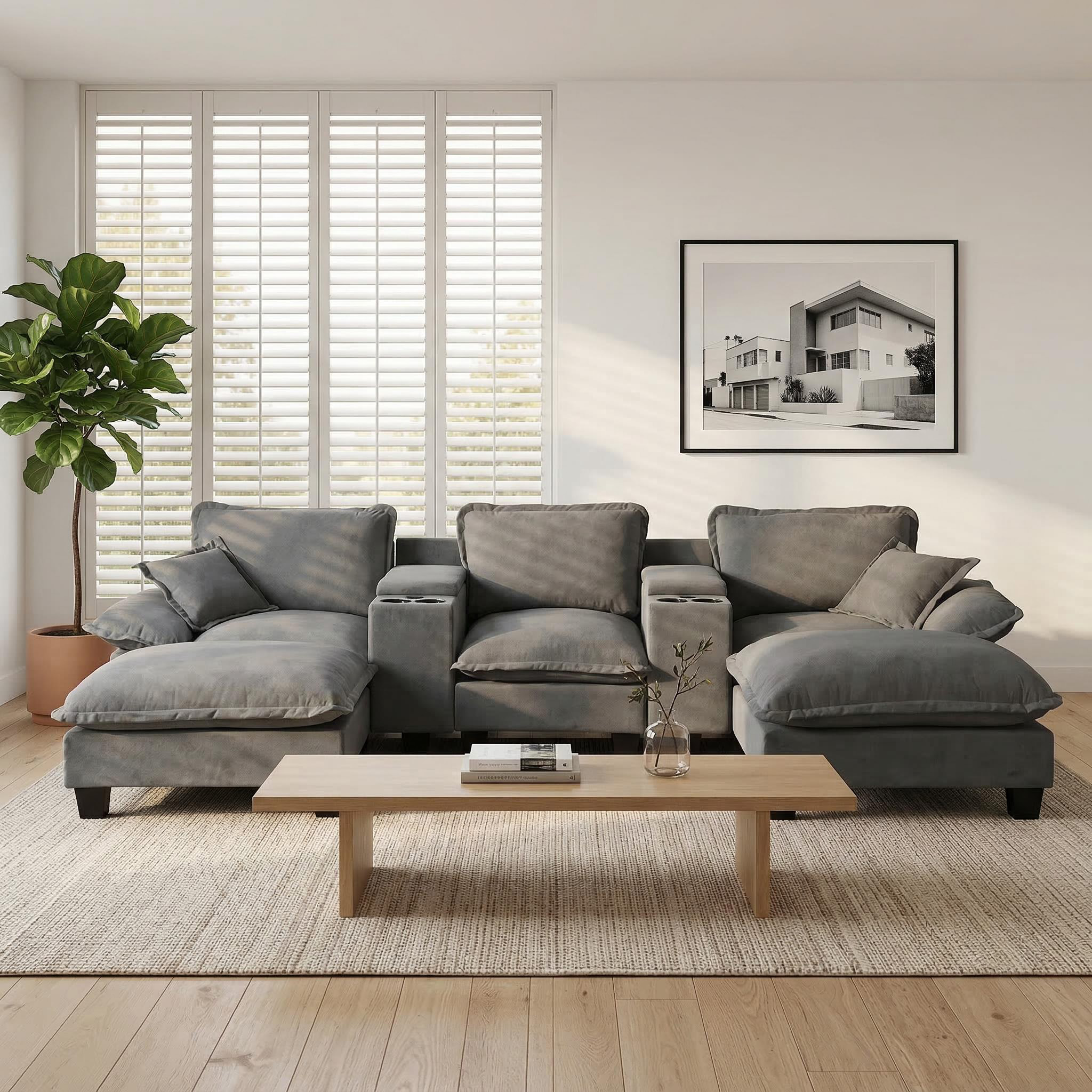 Modular Cloud Couch, U-Shape Sailboat Sofa with Cup Holders & Storage, USB Port, 2 Ottomans & 2 Pillows, Chenille for Apartment & Living Room, Grey