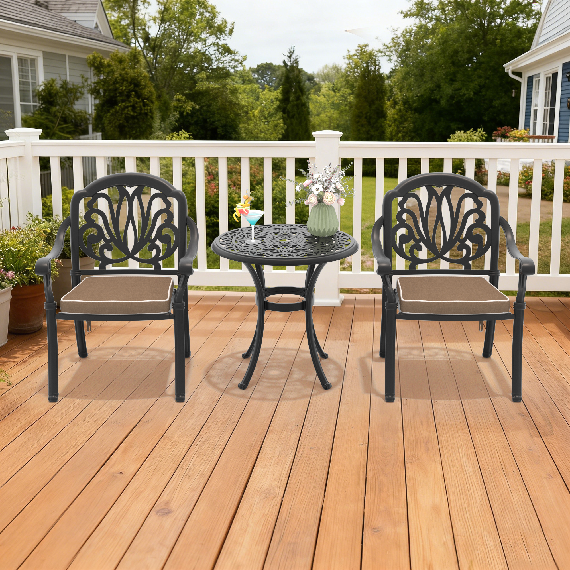 3-Piece Set Of Cast Aluminum Patio Furniture With Black Frame and Brown Seat Cushions