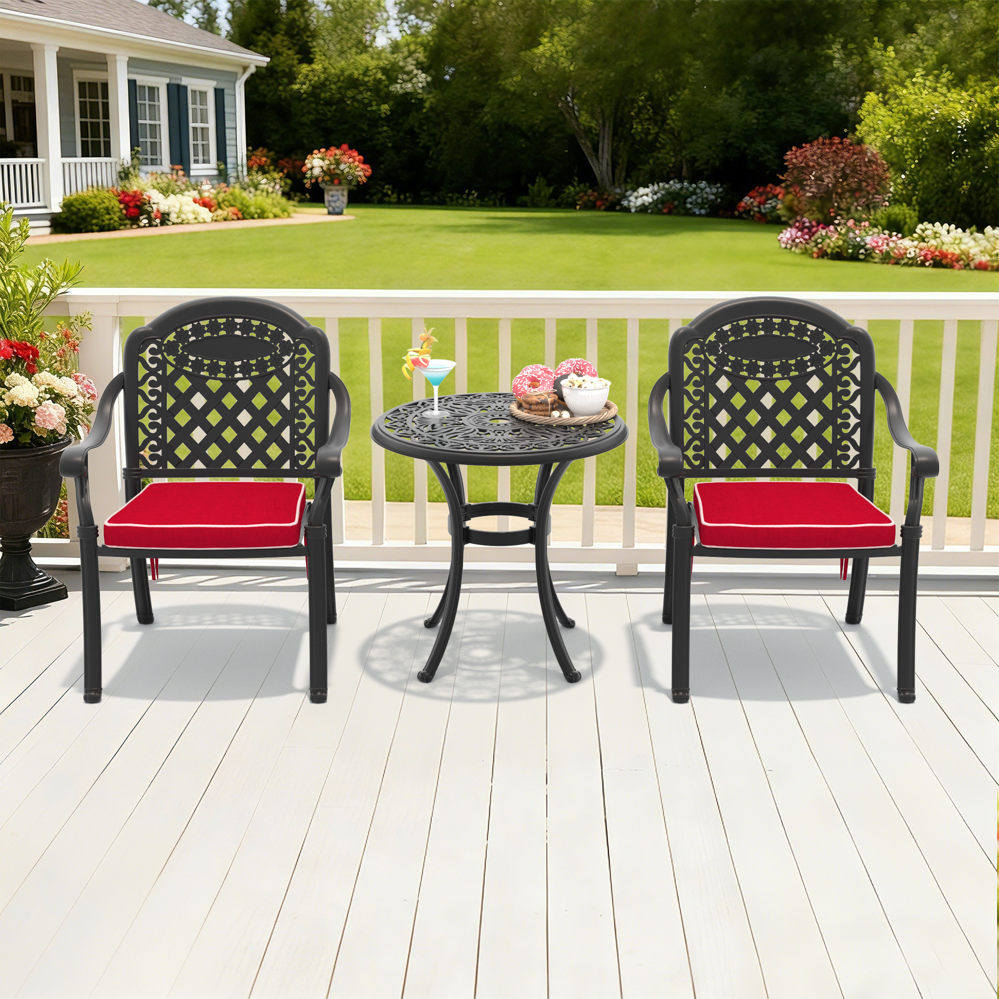 3-Piece Set Of Cast Aluminum Patio Furniture With Black Frame and Red Seat Cushions