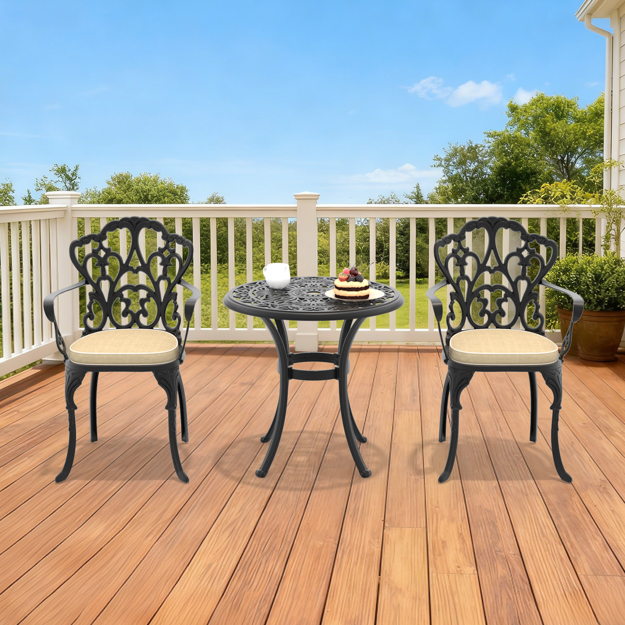 3-Piece Set Of Cast Aluminum Patio Furniture With Black Frame and Off-white Seat Cushions