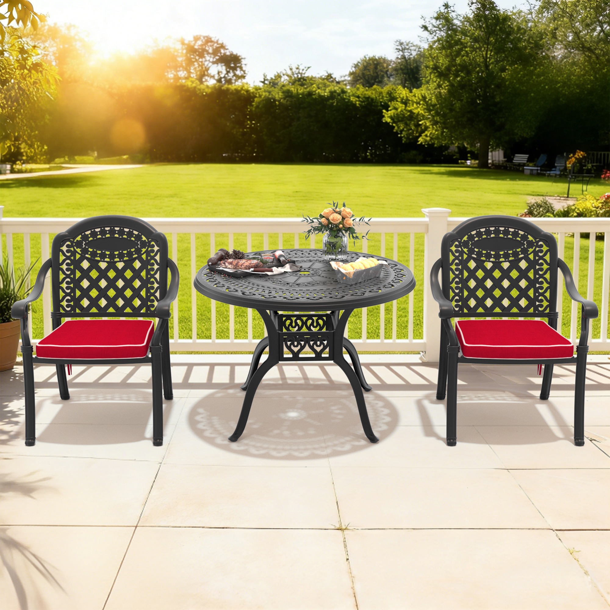 3-Piece Set Of Cast Aluminum Patio Furniture With Red Cushions