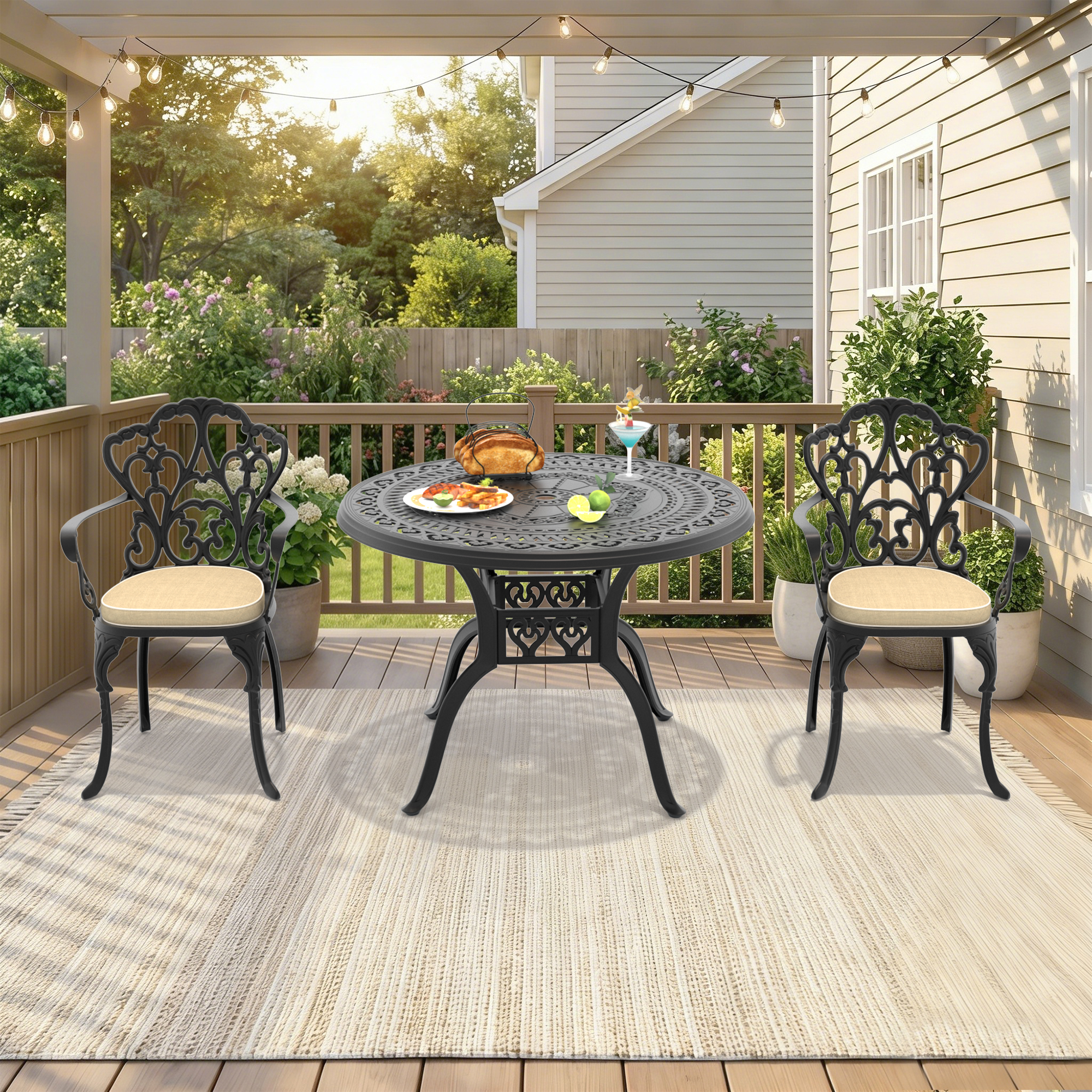 3-Piece Set Of Cast Aluminum Patio Furniture With Beige Cushions