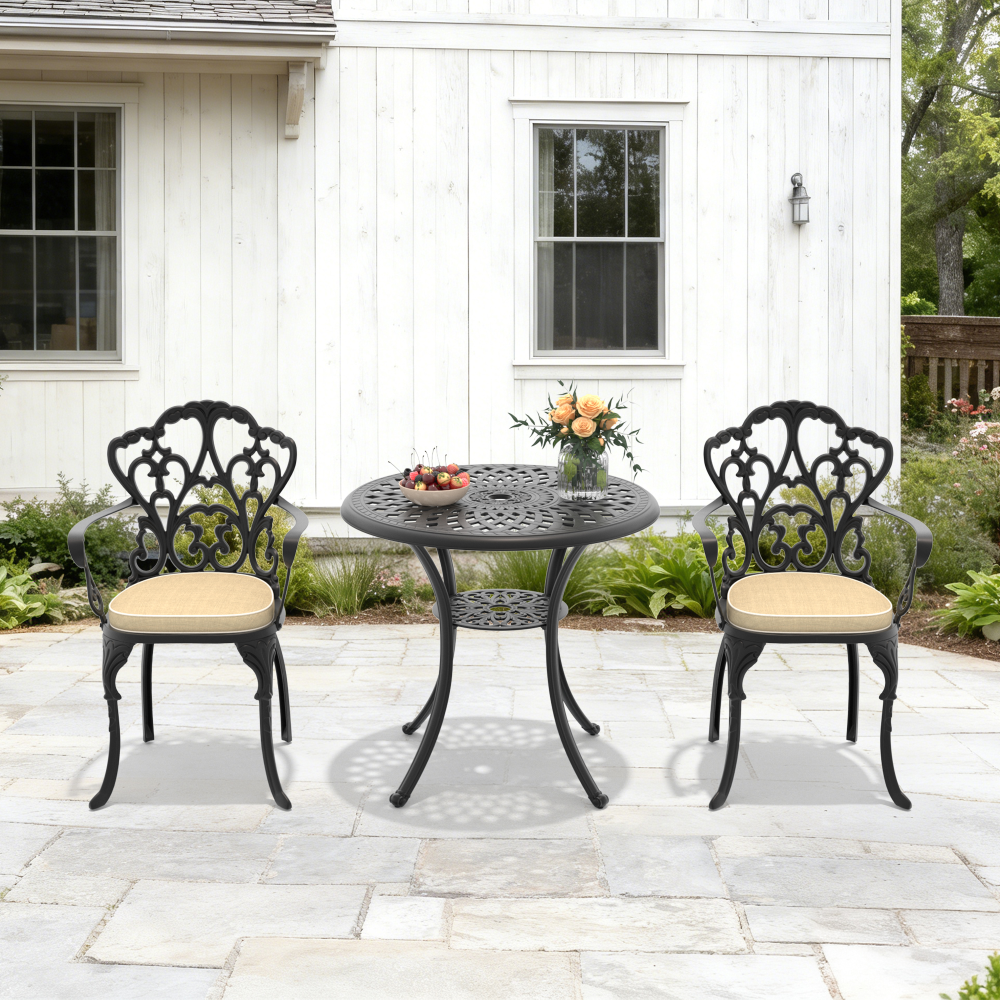 3-Piece Set Of Cast Aluminum Patio Furniture With Beige Cushions