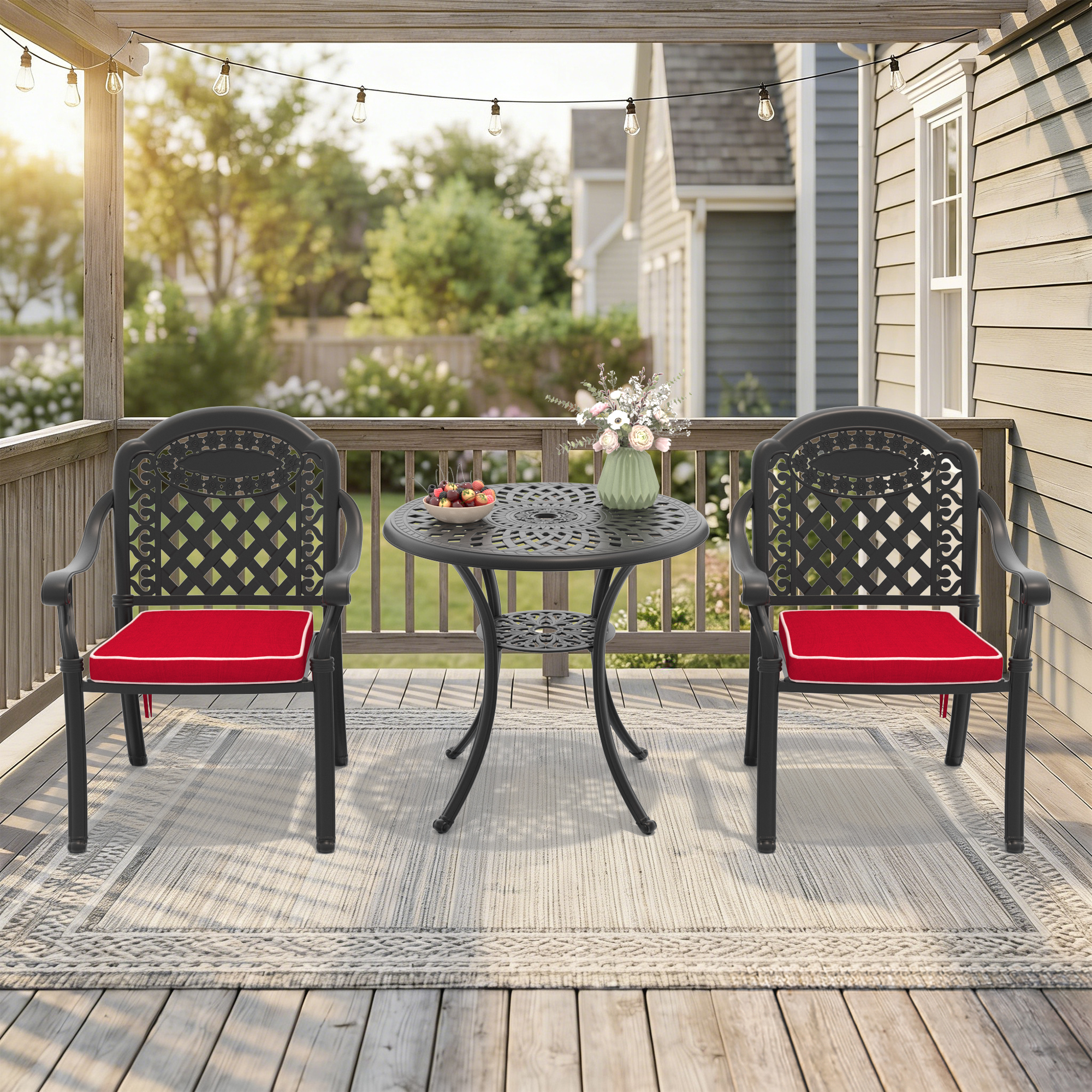 3-Piece Set Of Cast Aluminum Patio Furniture With Red Cushions