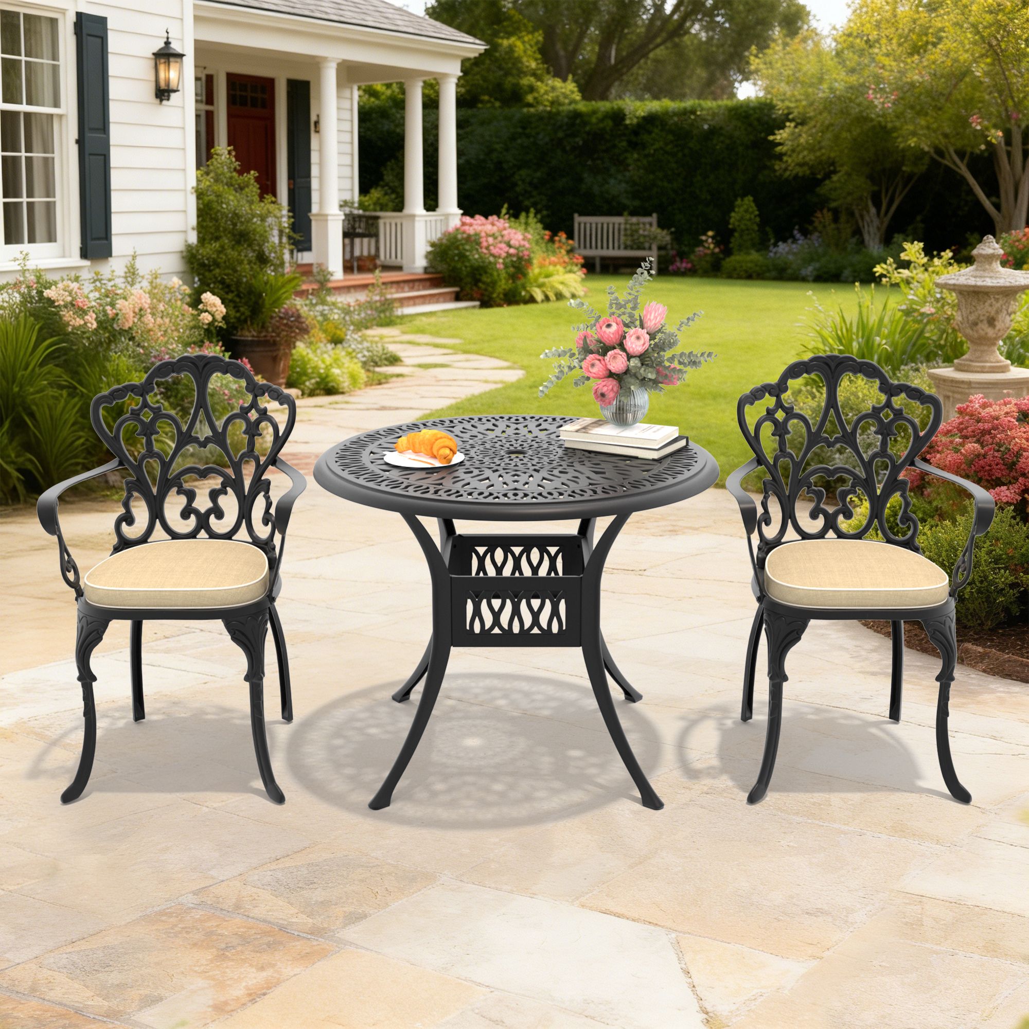 3-Piece Set Of Cast Aluminum Patio Furniture With Beige Cushions