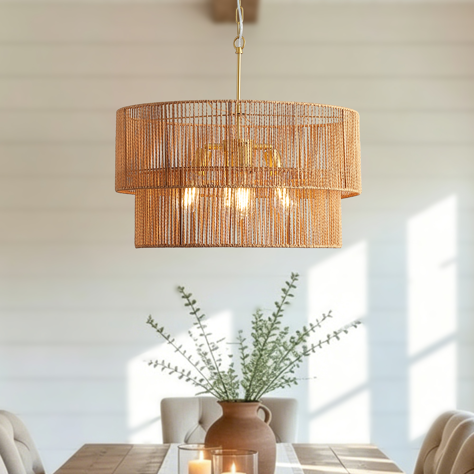 23.62″ Handwoven Woven Paper Rattan Chandelier, 2-Tier Boho Wabi-Sabi Pendant Light, Gold Metal Hanging Ceiling Lamp, Wicker Lighting Fixture for Dining Room Kitchen Island Living Room