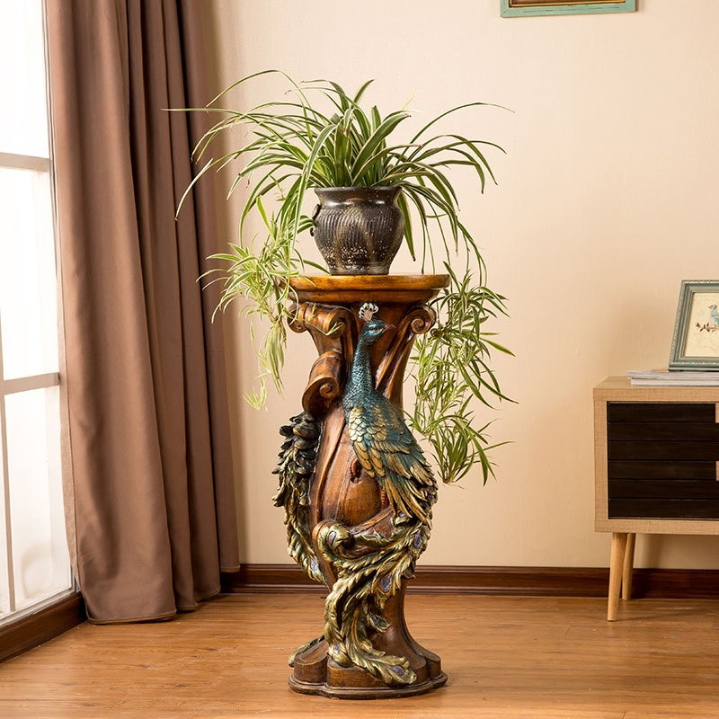 32.7″ H Peacock Carved Decorative Pedestal Stand, Resin Faux Wood Plant Display Column, Vintage Artistic Accent Table for Vases, Figurines & Home Decor in Living Room & Entryway