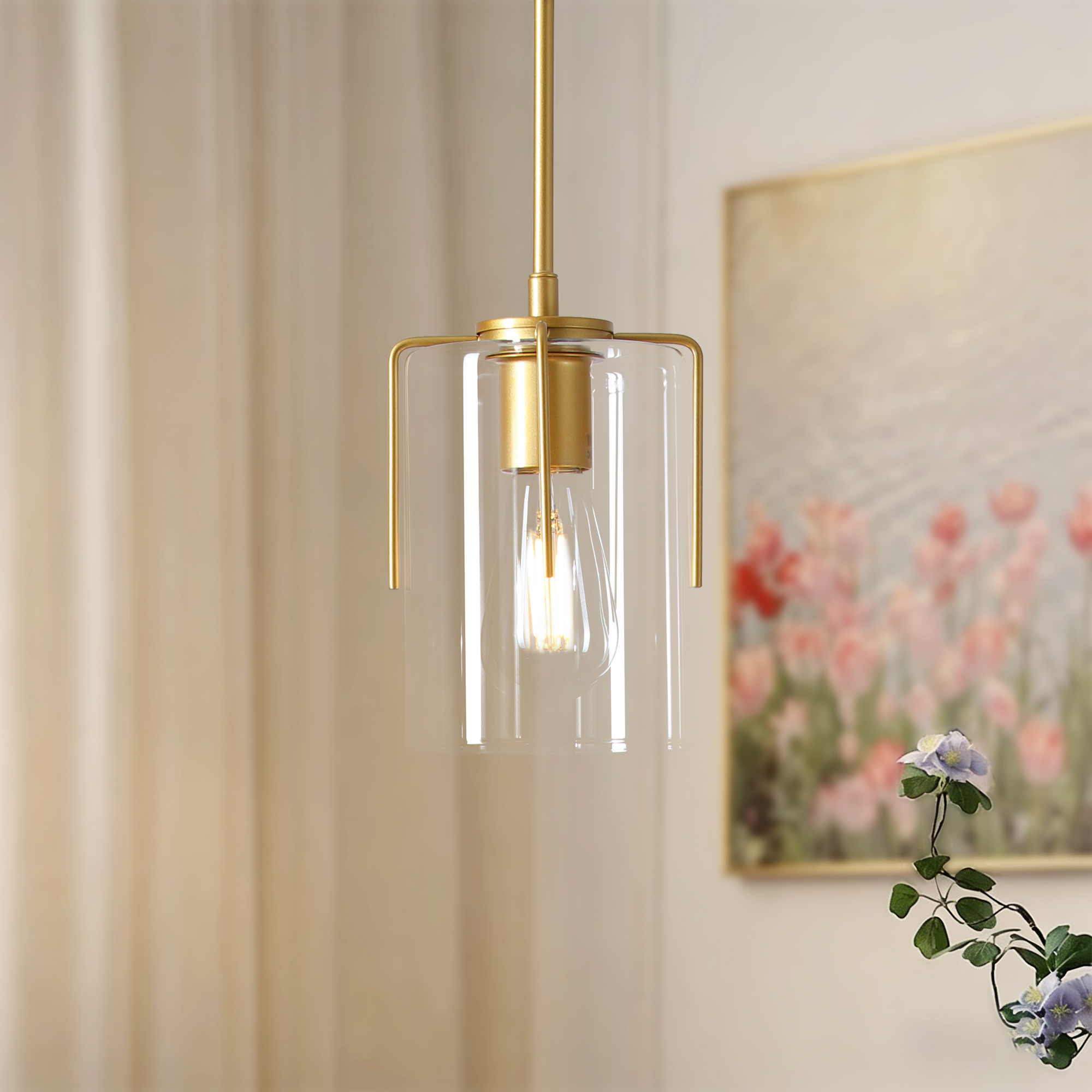 Farmhouse Gold Pendant Light, 1-Light Clear Glass Kitchen Island Light for Dining Table, Adjustable Modern Hanging Ceiling Fixture for Entryway, Hallway, Bedroom