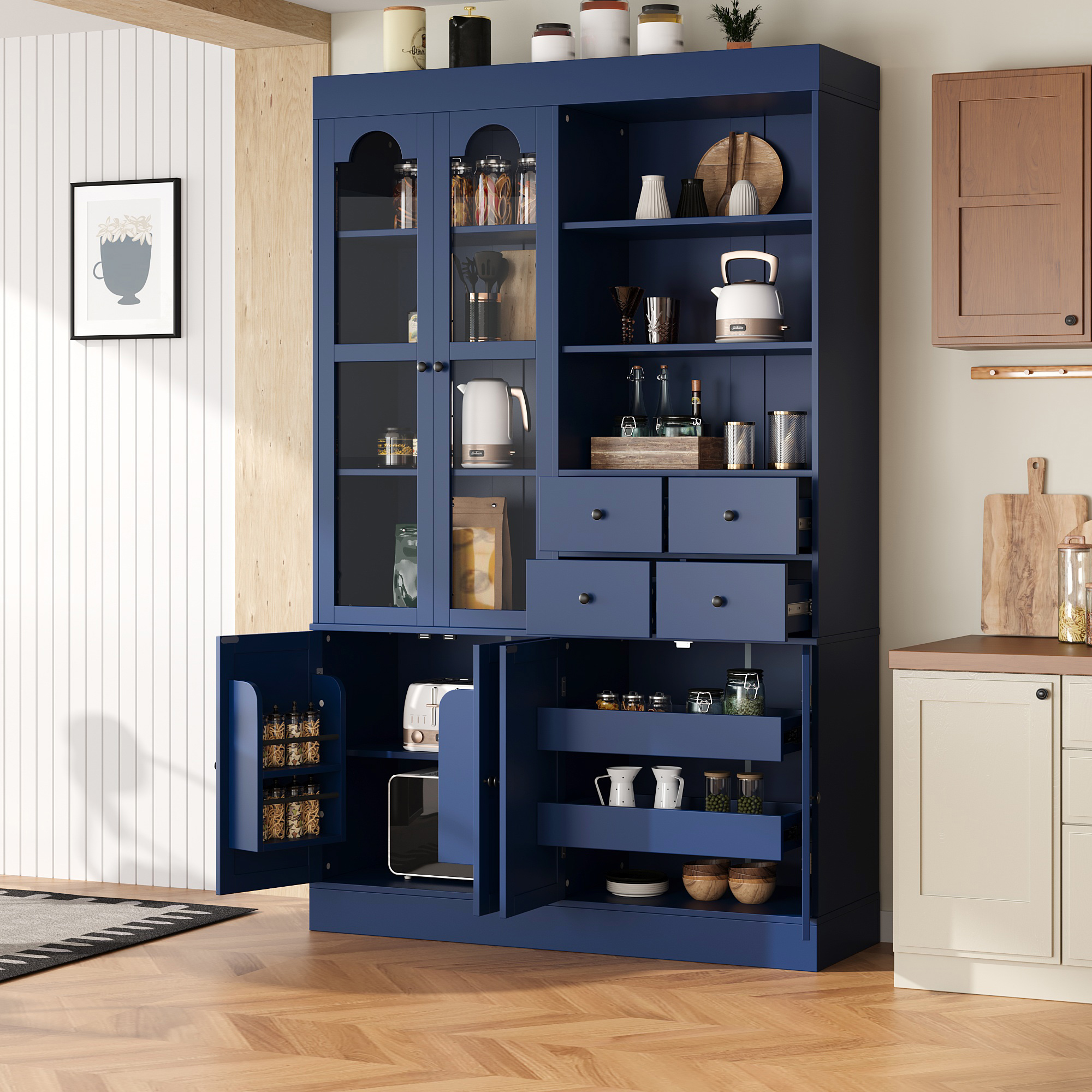 [Assembly Video Provided] TOPMAX 47.2×15.7x75inch Freestanding Buffet with Hutch, Tall Kitchen Pantry Cabinet with 4 Drawers, Door Shelves and Pull-out Trays for Dining room, Living Room, Blue