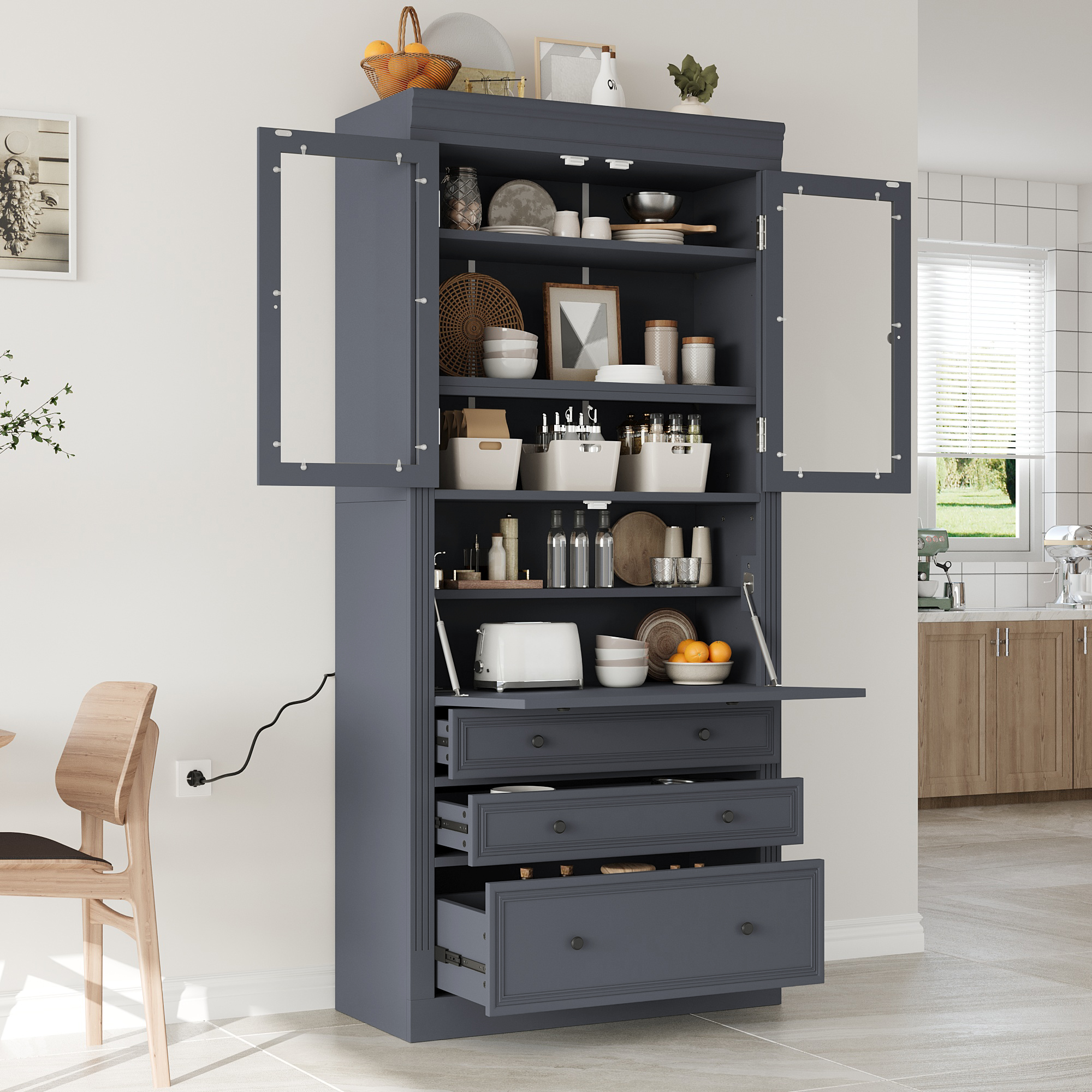[Assembly Video Provided] TOPMAX 36×16.5x78inch Freestanding Kitchen Pantry Storage Cabinet,Multifunctional Cupboard with 3 Drawers,Adjustable Shelves and Power Outlet for Dining and Living Room,Grey