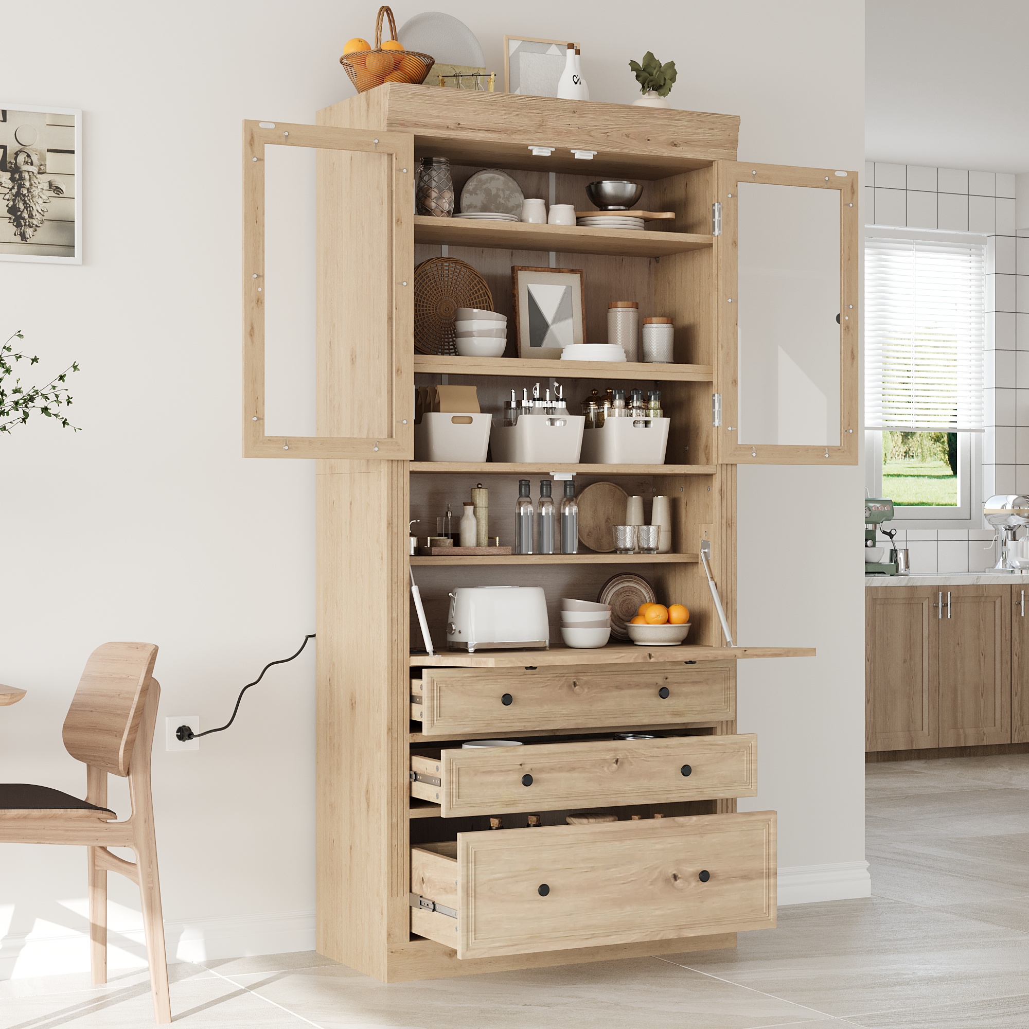 [Assembly Video Provided]TOPMAX 36×16.5x78inch Freestanding Kitchen Pantry Storage Cabinet,Multifunctional Cupboard with 3 Drawers,Adjustable Shelves and Power Outlet for Dining,Living Room,Natural